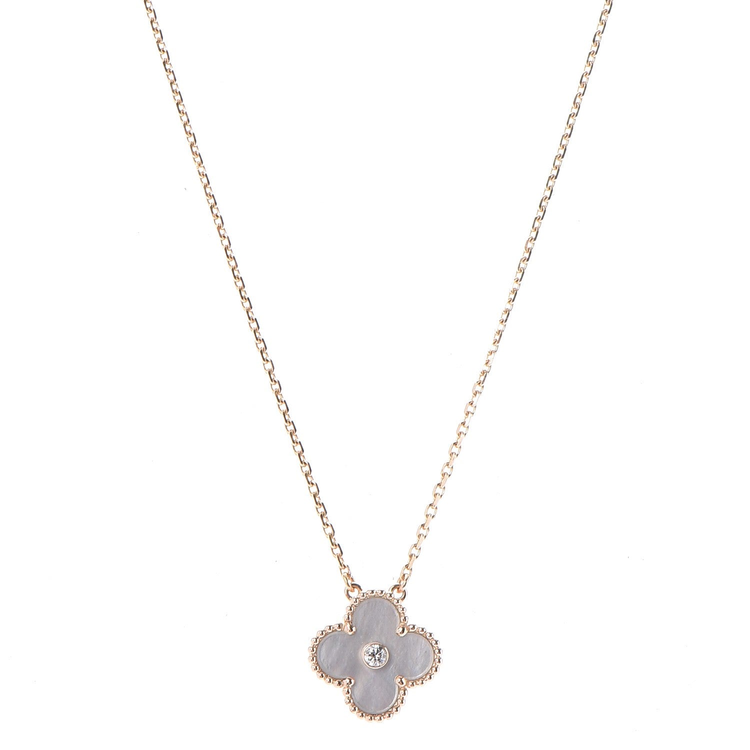 Van Cleef & Arpels 18K Rose Gold Diamond Mother of Pearl Vintage Alhambra Pendant Necklace 1 of 8