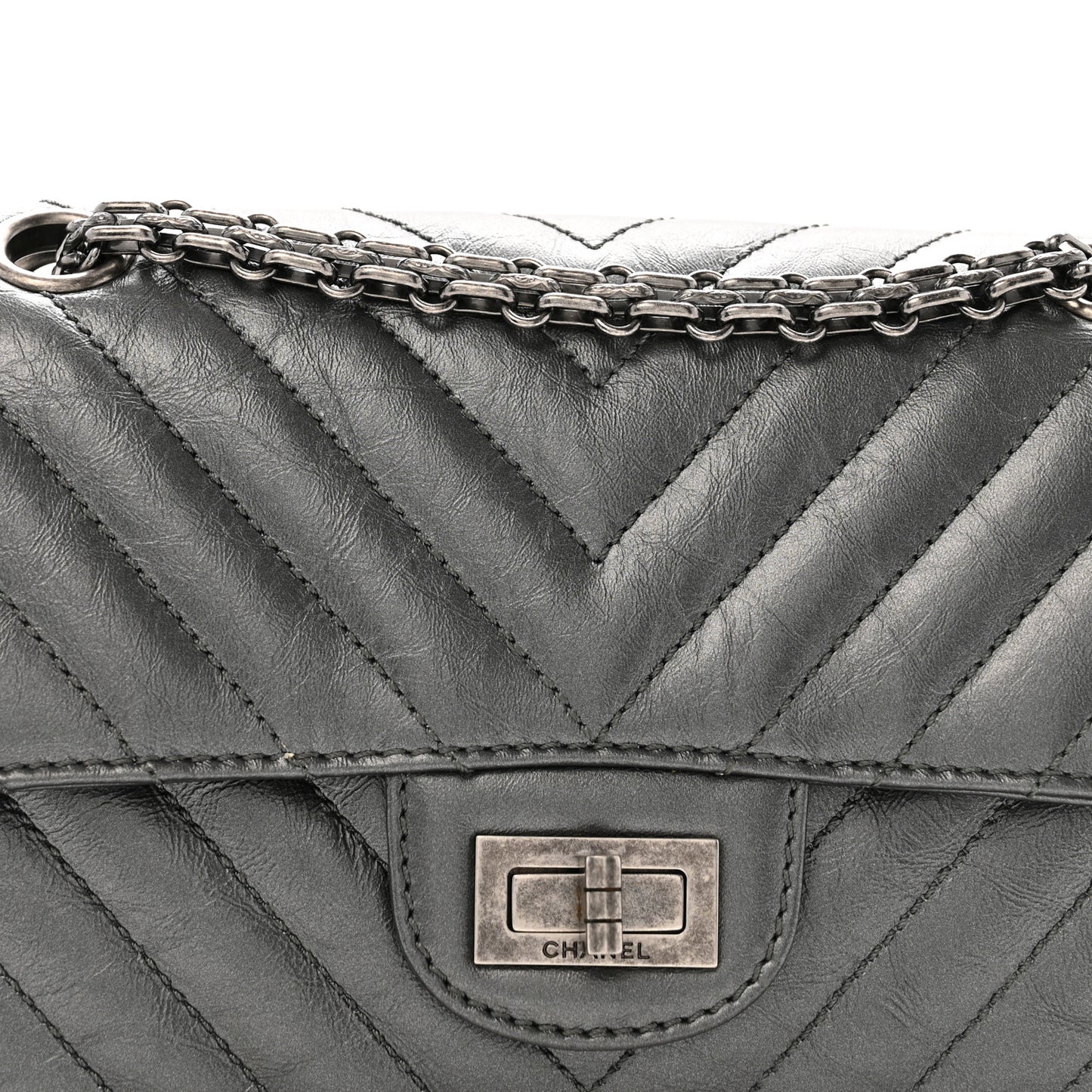 Metallic Aged Calfskin Chevron Quilted 2.55 Reissue Mini Flap Grey