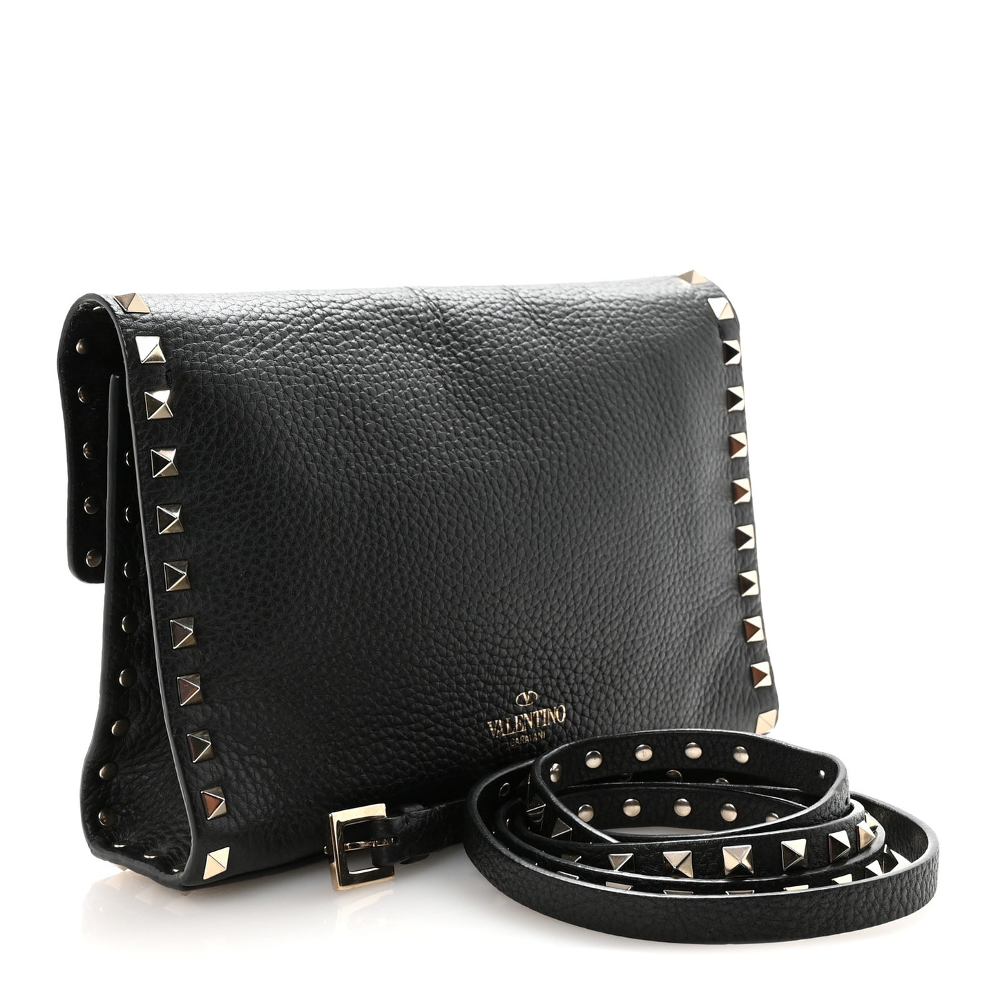 Pebbled Calfskin Medium Rockstud Flip Lock Crossbody Bag Black