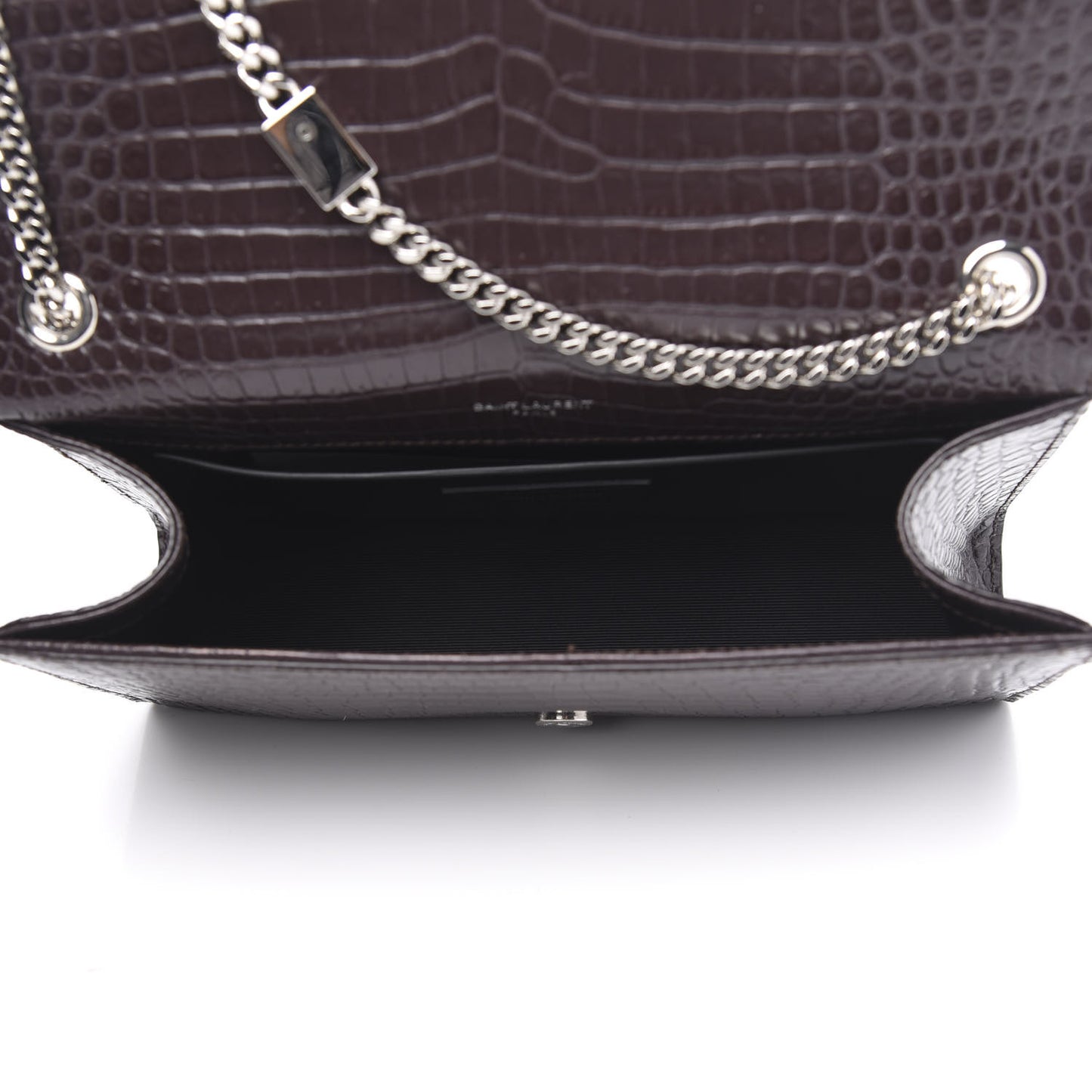 Calfskin Crocodile Embossed Medium Classic Monogram Kate Tassel Satchel Dark Brown