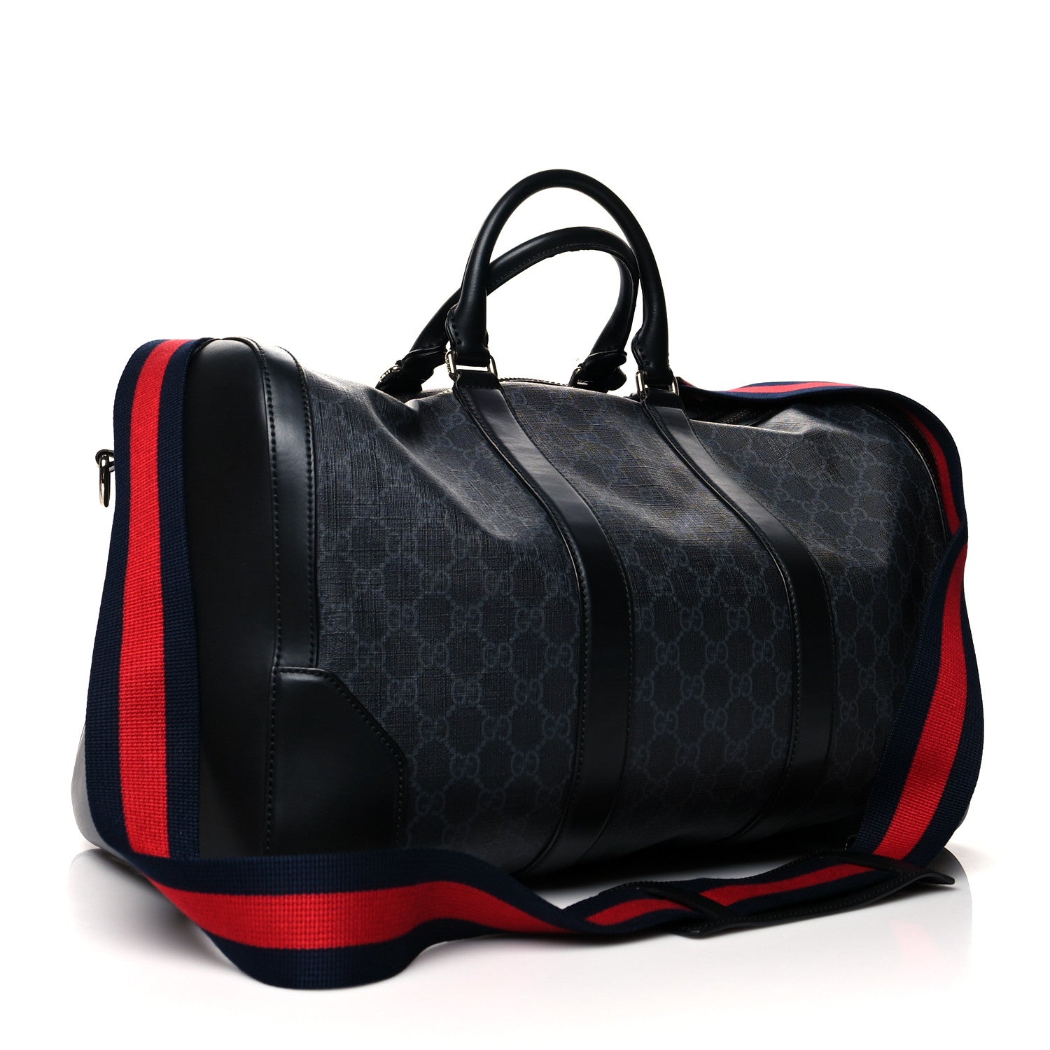 Gucci Soft GG Supreme Monogram Appia Calfskin Web Medium Carry On Duffle Bag Black Grey 3 of 12