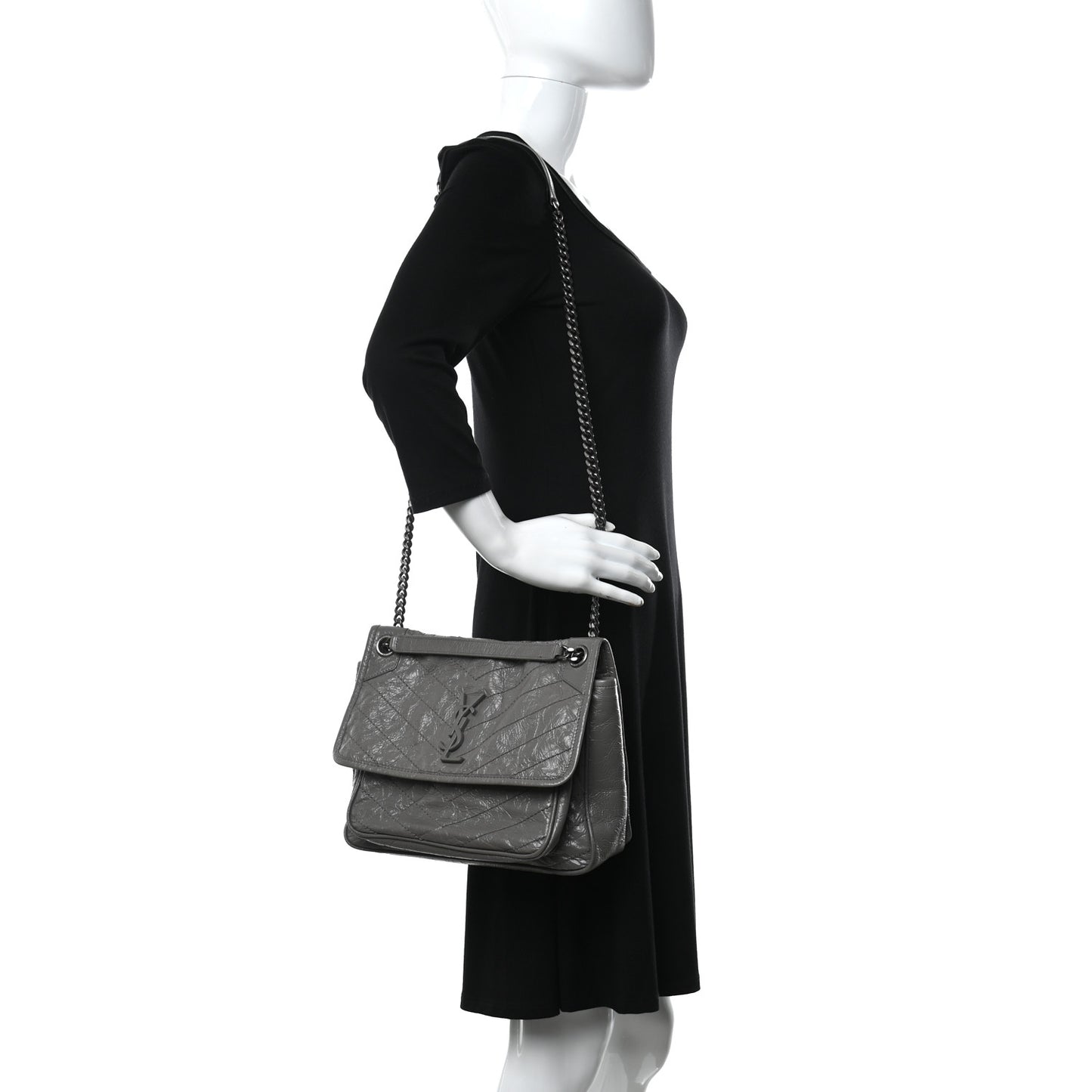 Crinkled Calfskin Matelasse Monogram Medium Niki Chain Satchel Fog