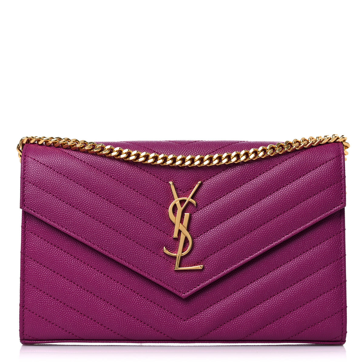 Saint Laurent Grain De Poudre Matelasse Chevron Monogram Chain Wallet Dark Grape 1 of 12