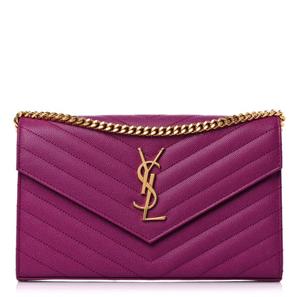 Saint Laurent Grain De Poudre Matelasse Chevron Monogram Chain Wallet Dark Grape 1 of 12