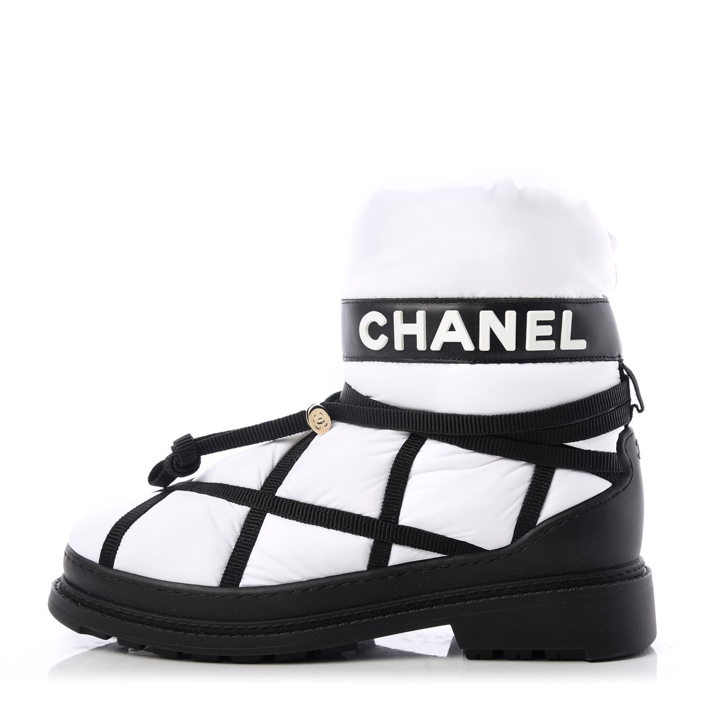 Calfskin Nylon Grosgrain CC Ankle Snow Boots 37.5 White Black
