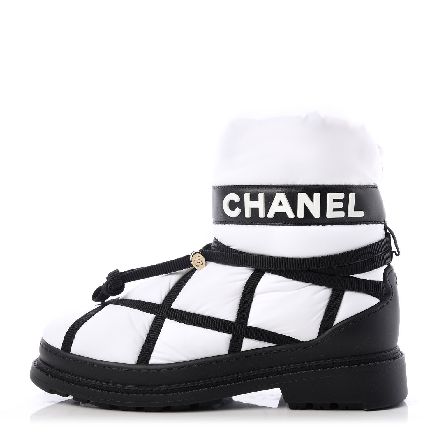 Chanel Calfskin Nylon Grosgrain CC Ankle Snow Boots 37.5 White Black 1 of 11