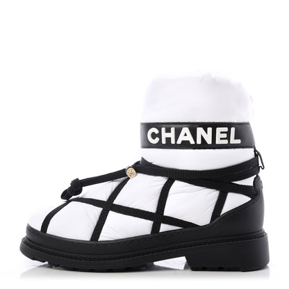 Chanel Calfskin Nylon Grosgrain CC Ankle Snow Boots 37.5 White Black 1 of 11