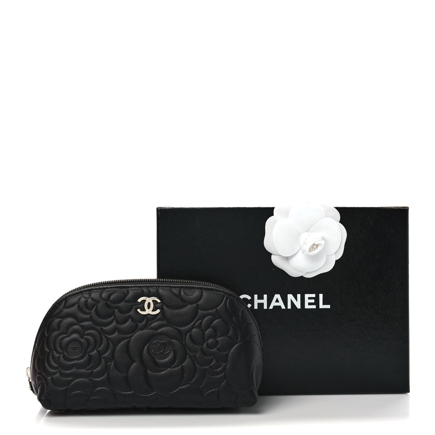 Lambskin Camellia Embossed Cosmetic Case Black