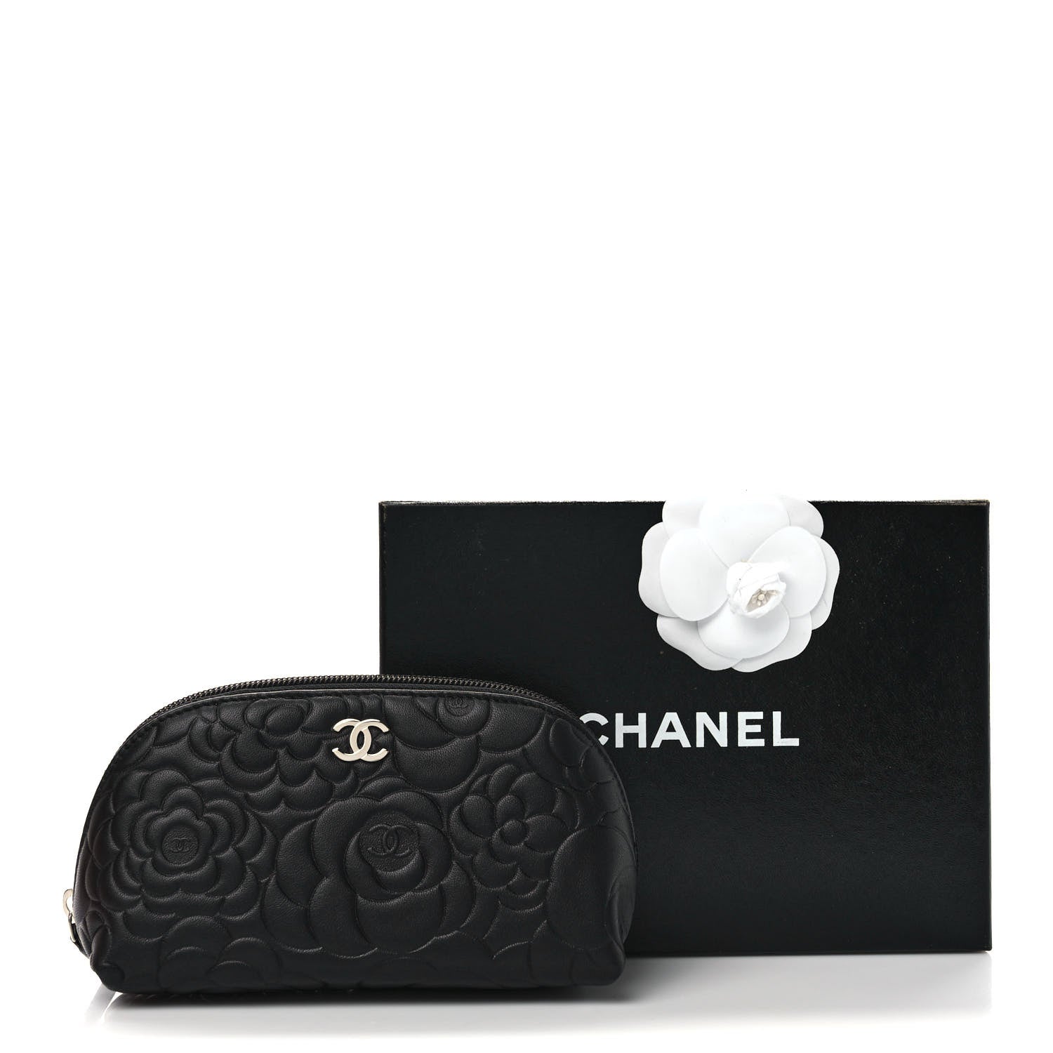 Chanel Lambskin Camellia Embossed Cosmetic Case Black 8 of 8
