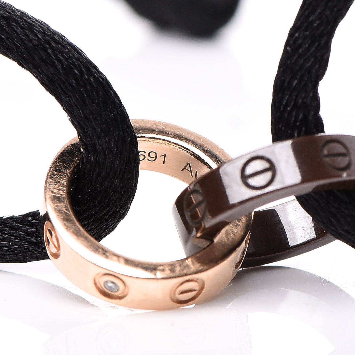 18K Pink Gold Brown Ceramic 4 Diamond LOVE Cord Bracelet Black