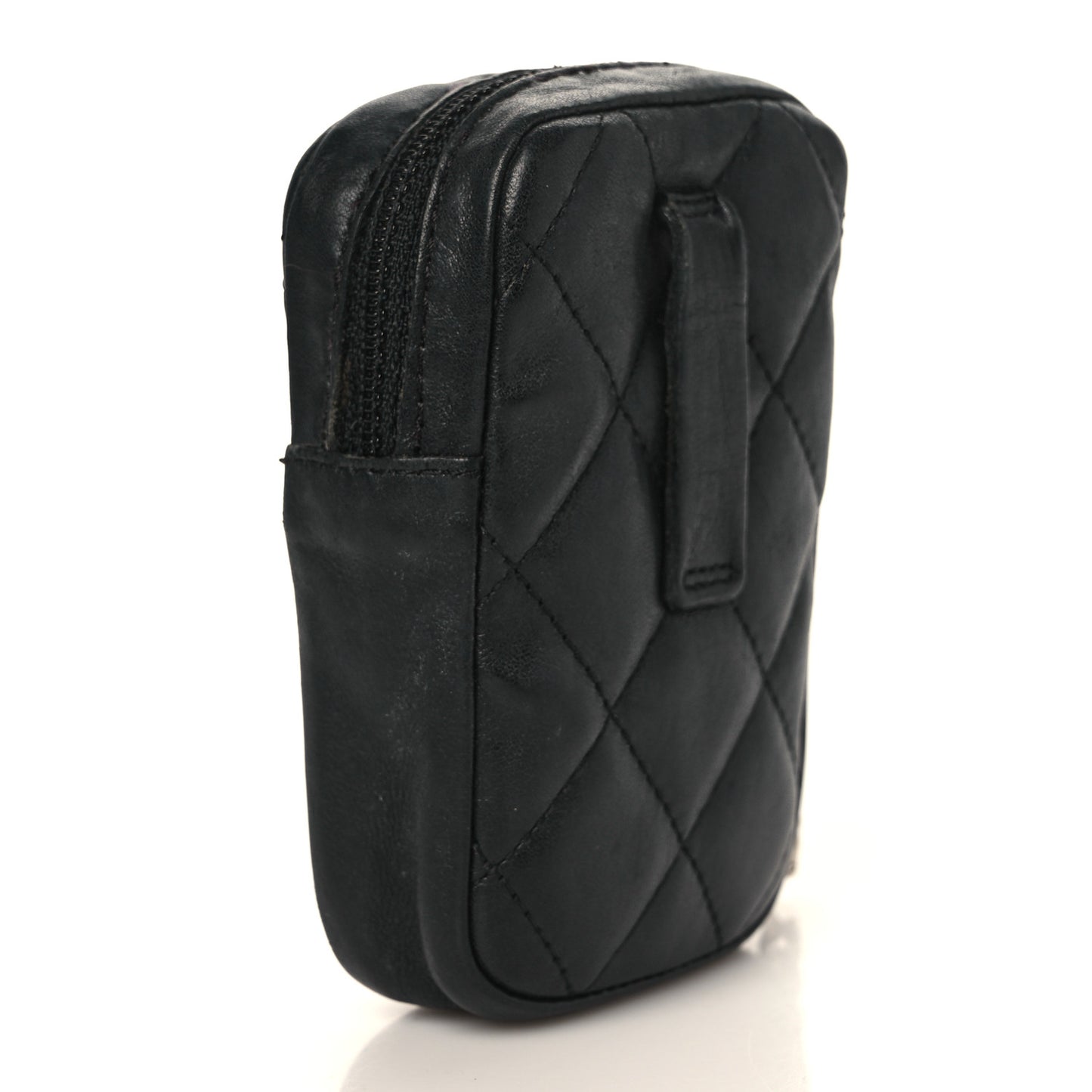 Calfskin Quilted Cambon Zip Around Cosmetic Pouch Black