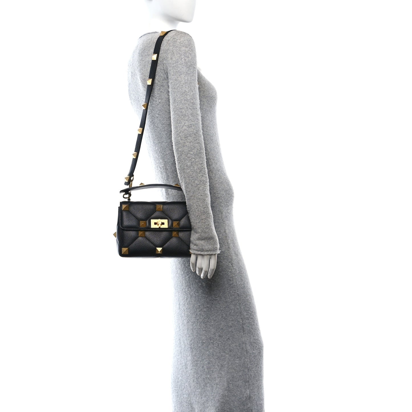 Grained Calfskin Medium Roman Stud Shoulder Bag Black