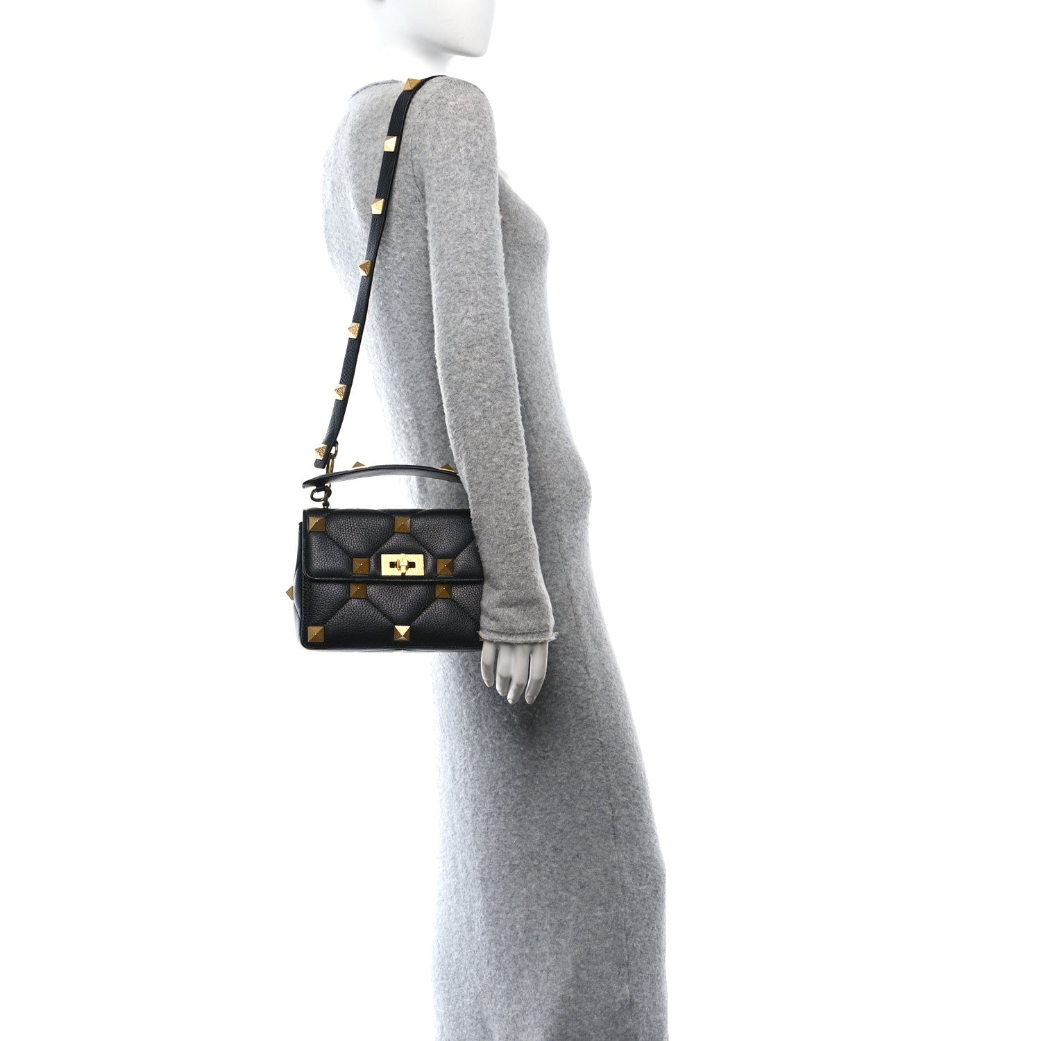 Valentino Garavani Grained Calfskin Medium Roman Stud Shoulder Bag Black 2 of 9