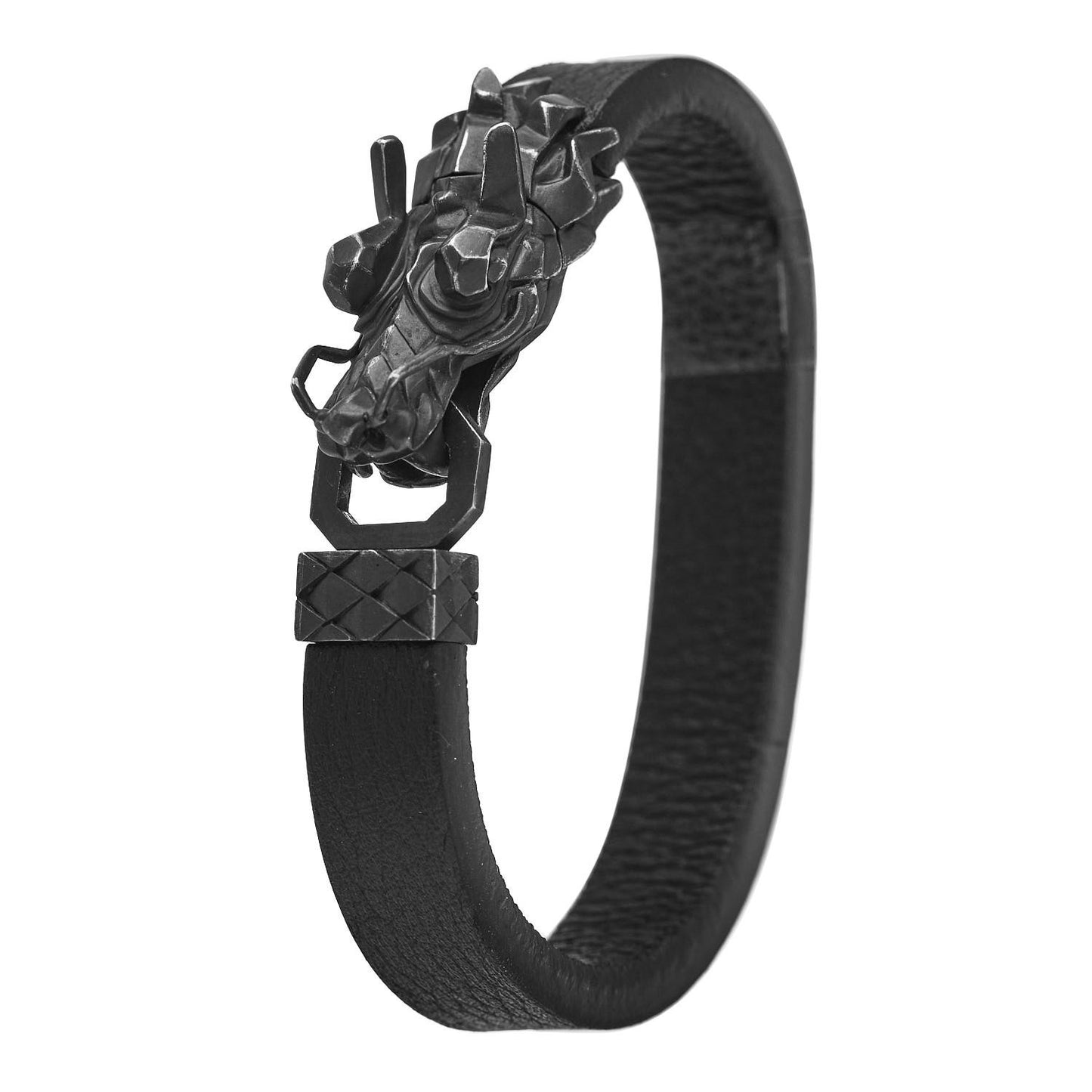 Darkened Sterling Silver Leather Naga Dragon Bracelet Black