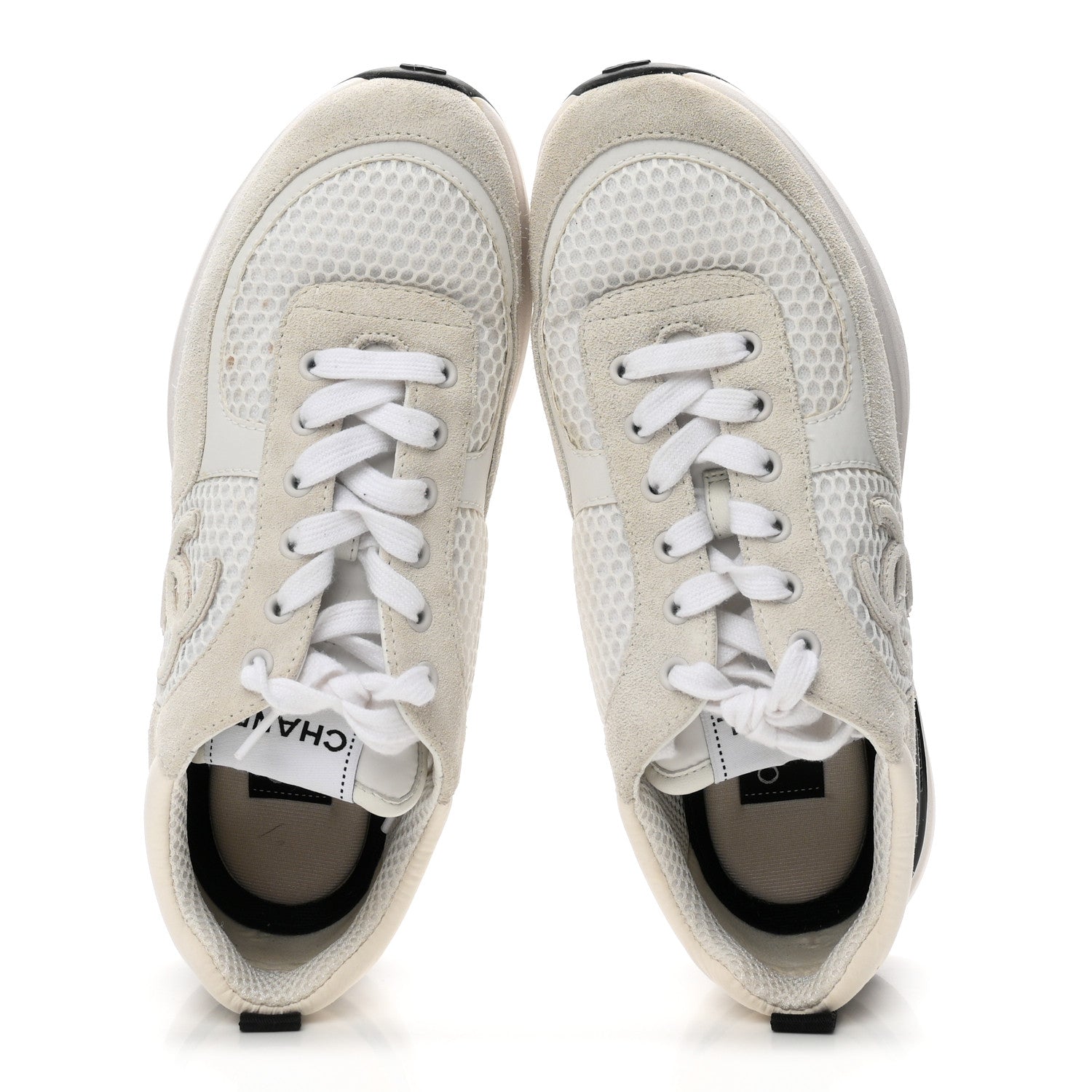Chanel Calfskin Mesh Lycra Suede Womens Logo Sneakers 38.5 White 2 of 10