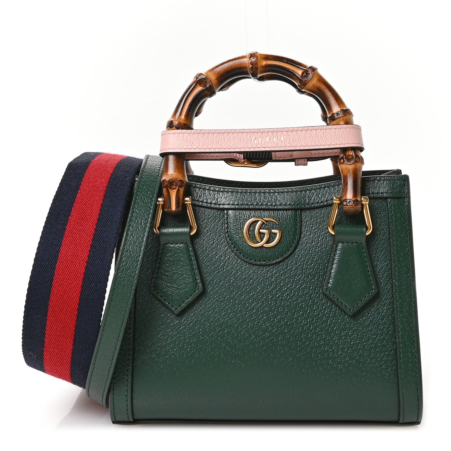 Textured Dollar Calfskin Web Mini Diana Tote Bag Vintage Green Pink