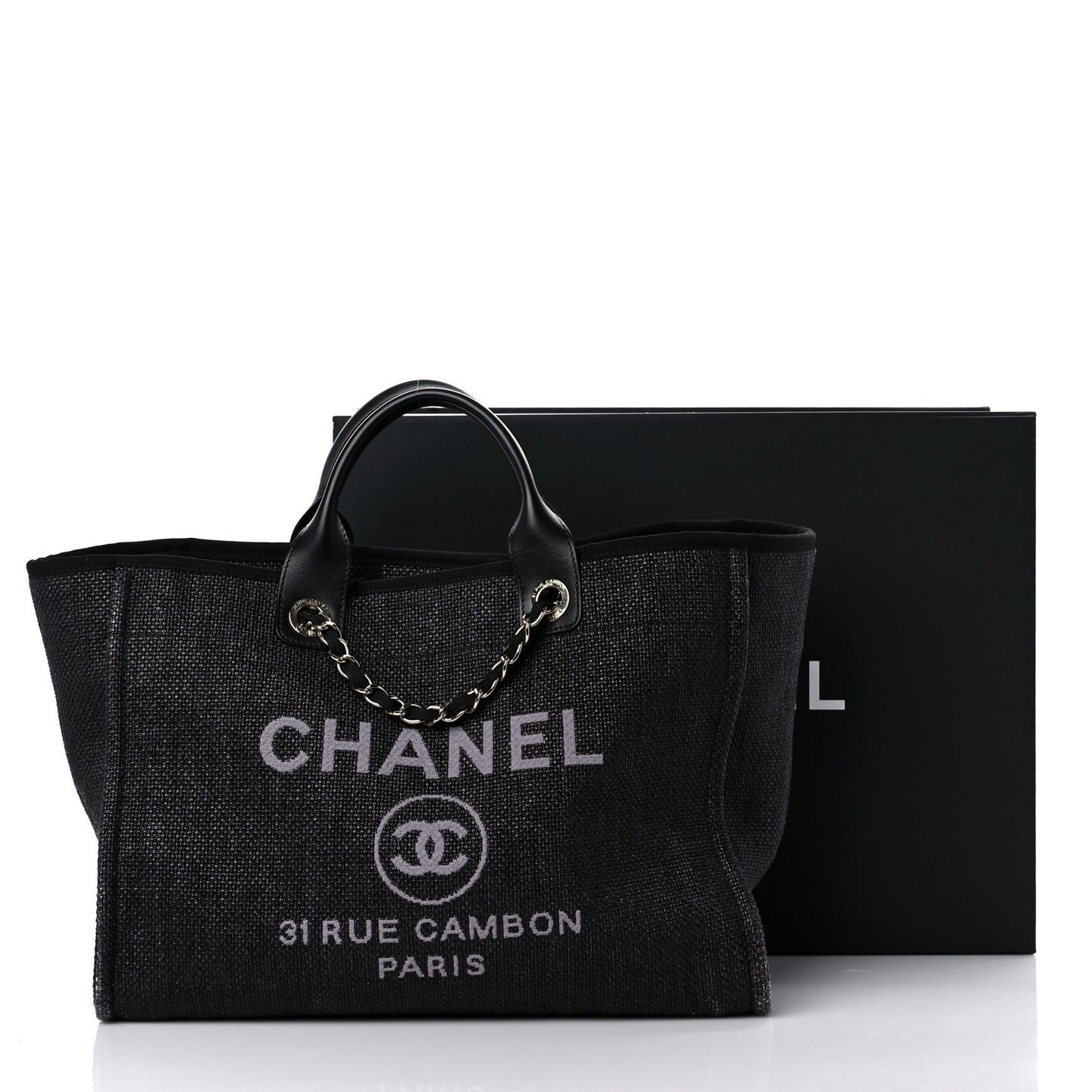 Woven Straw Raffia Large Deauville Tote Black