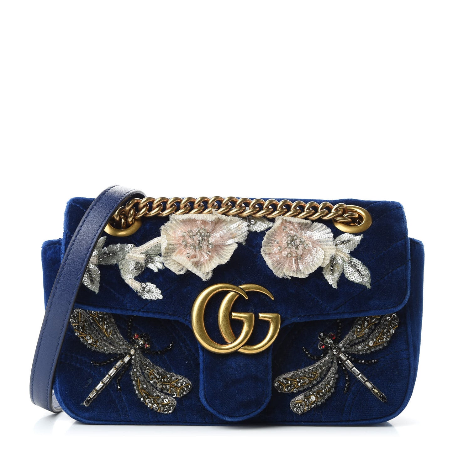 Velvet Matelasse Embroidered Mini GG Marmont Shoulder Bag Cobalt Blue