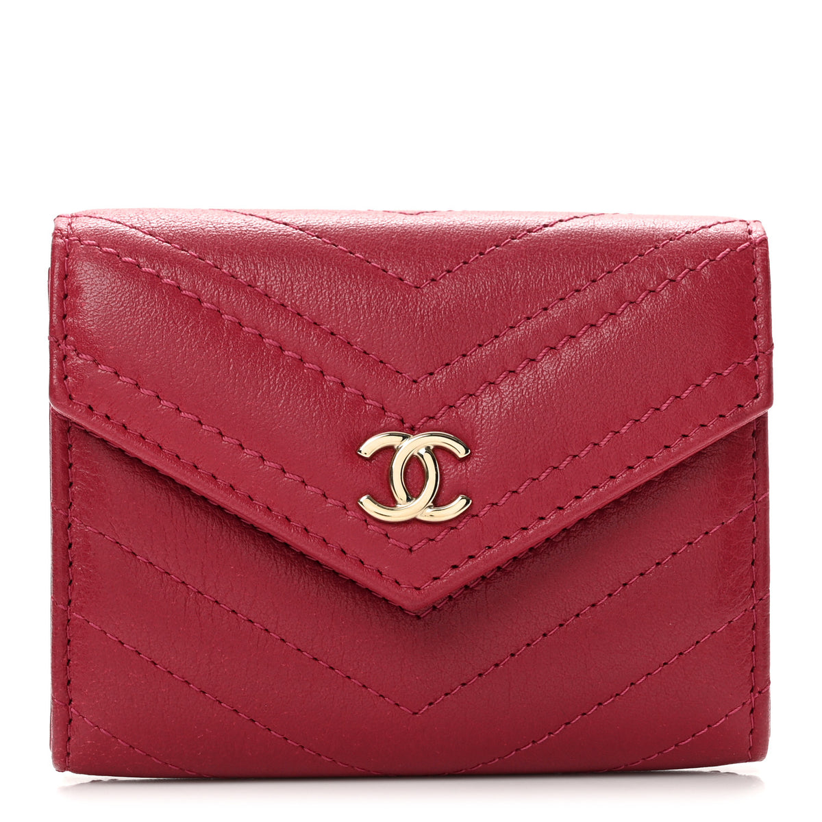 Calfskin Chevron Quilted Compact Flap Wallet Dark Pink