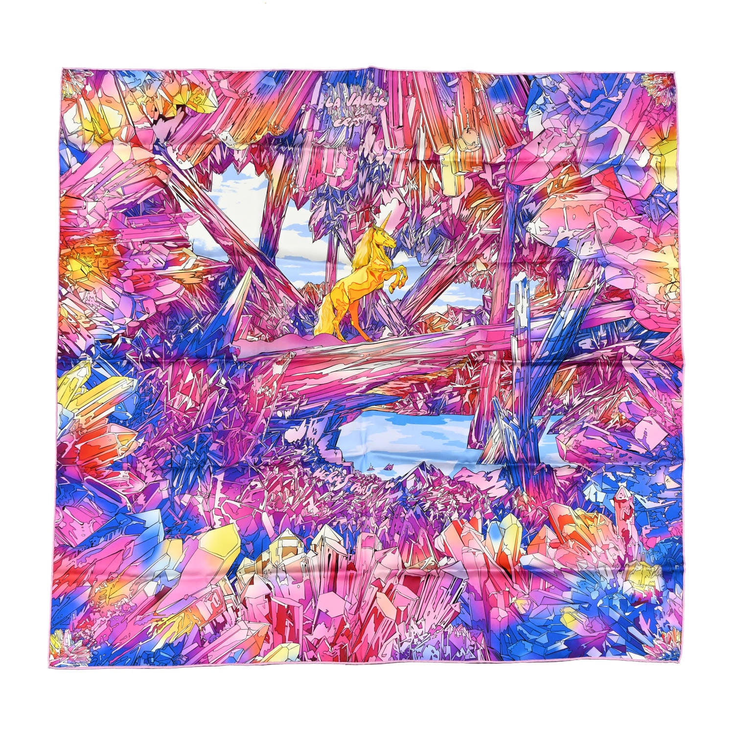 Hermes Silk Twill La Vallee De Cristal Scarf 90 Rose Bleu Jaune 1 of 4