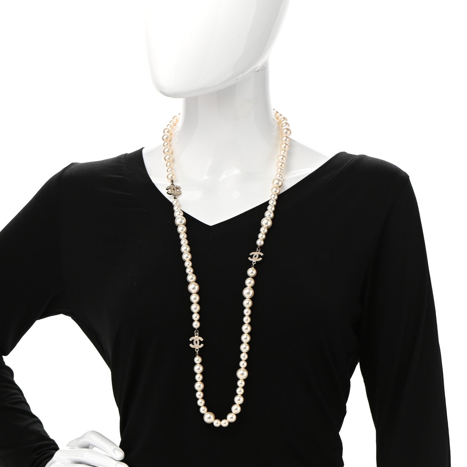 Chanel Graduated Pearl Crystal CC Long Necklace Light Gold 2 of 6