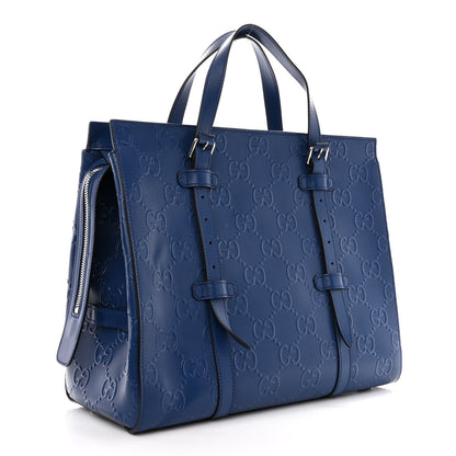 Gucci Calfskin GG Tennis Embossed Tote Bag Intense Metal Blue 3 of 11