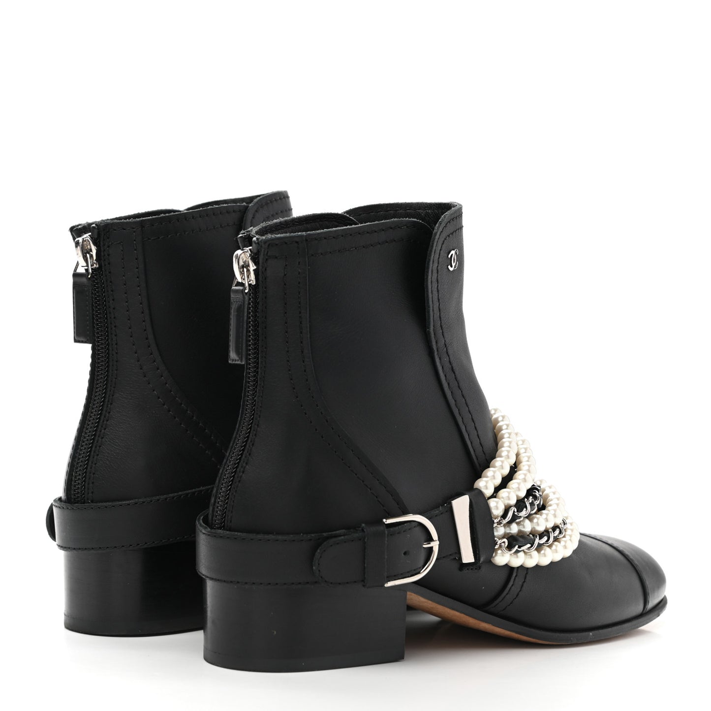 Calfskin Pearl Cap Toe Short Boots 37 Black