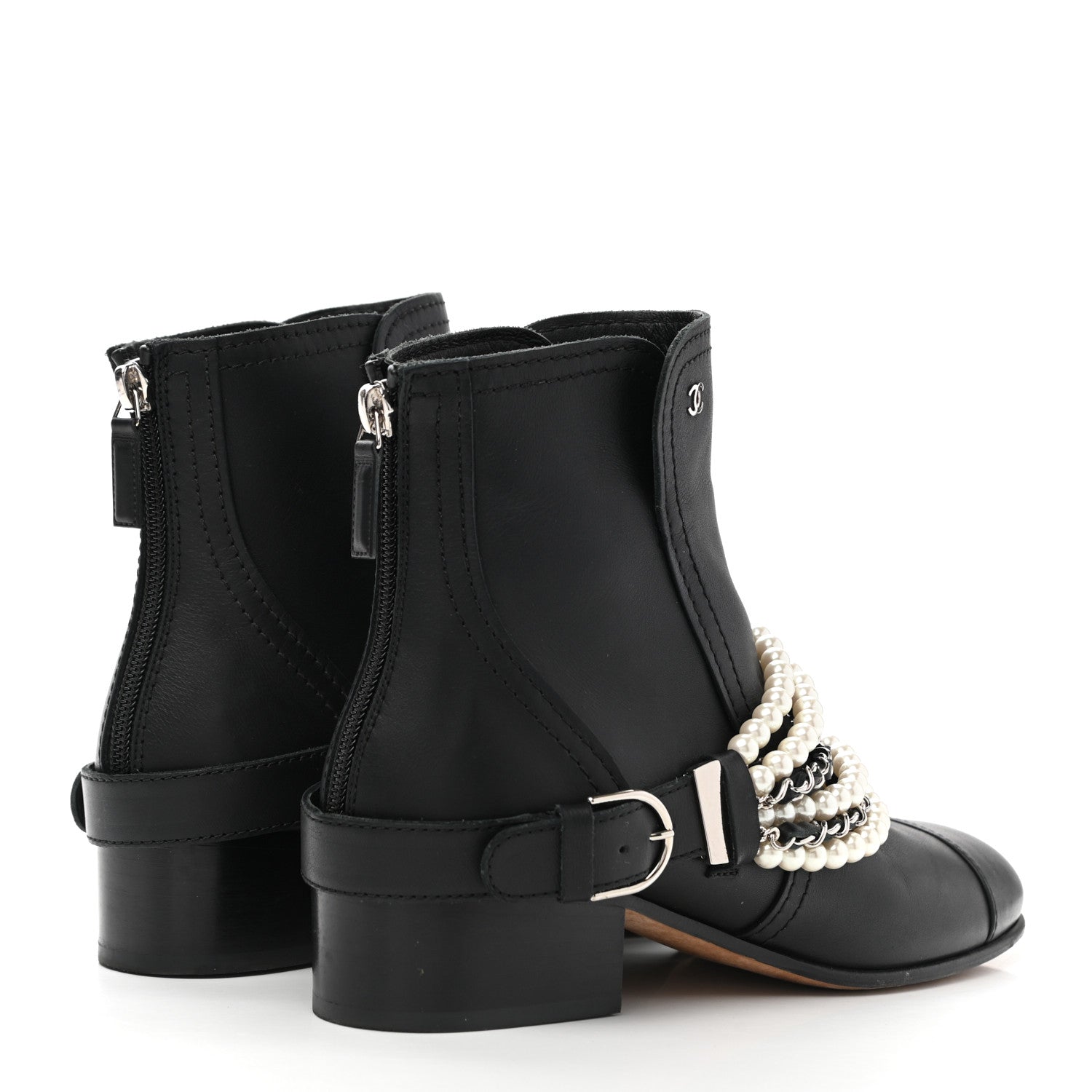 Chanel Calfskin Pearl Cap Toe Short Boots 37 Black 4 of 15