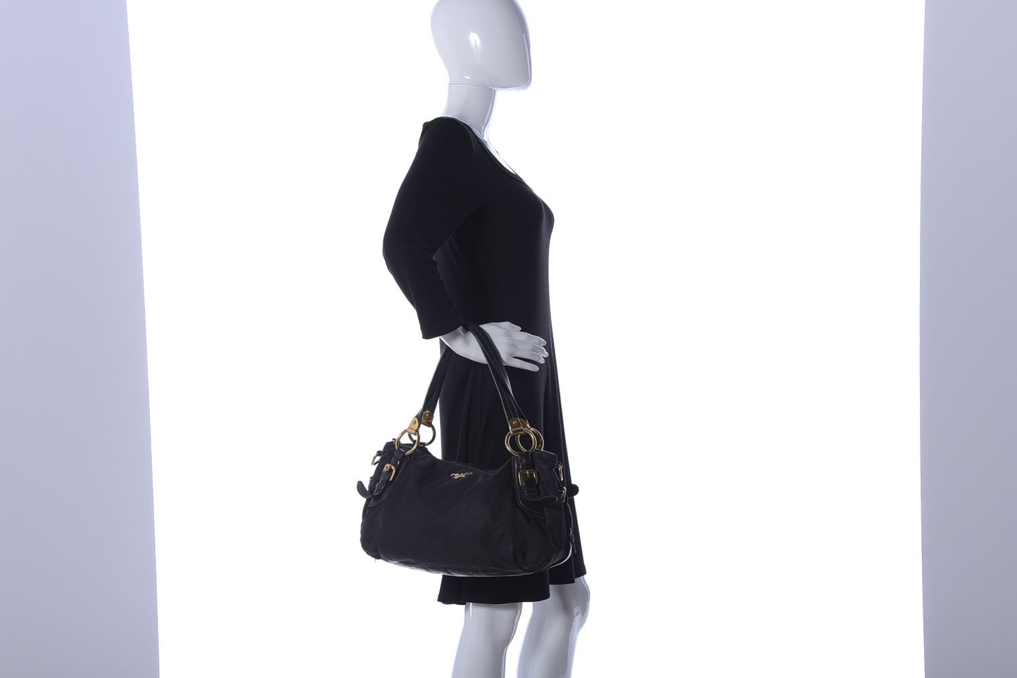 Nylon Tessuto Soft Calfskin Small Shopping Satchel Black