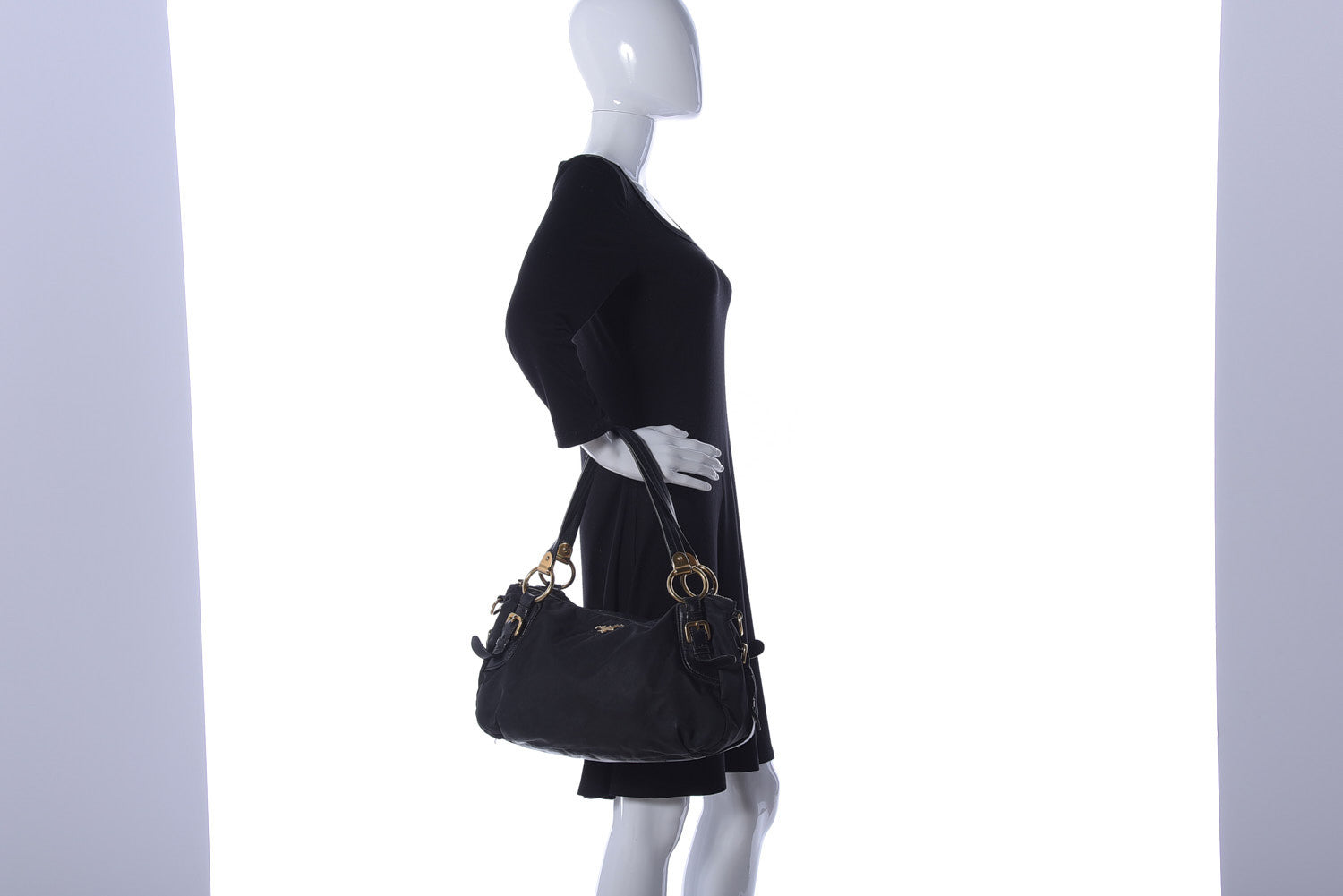 Prada Nylon Tessuto Soft Calfskin Small Shopping Satchel Black 2 of 34