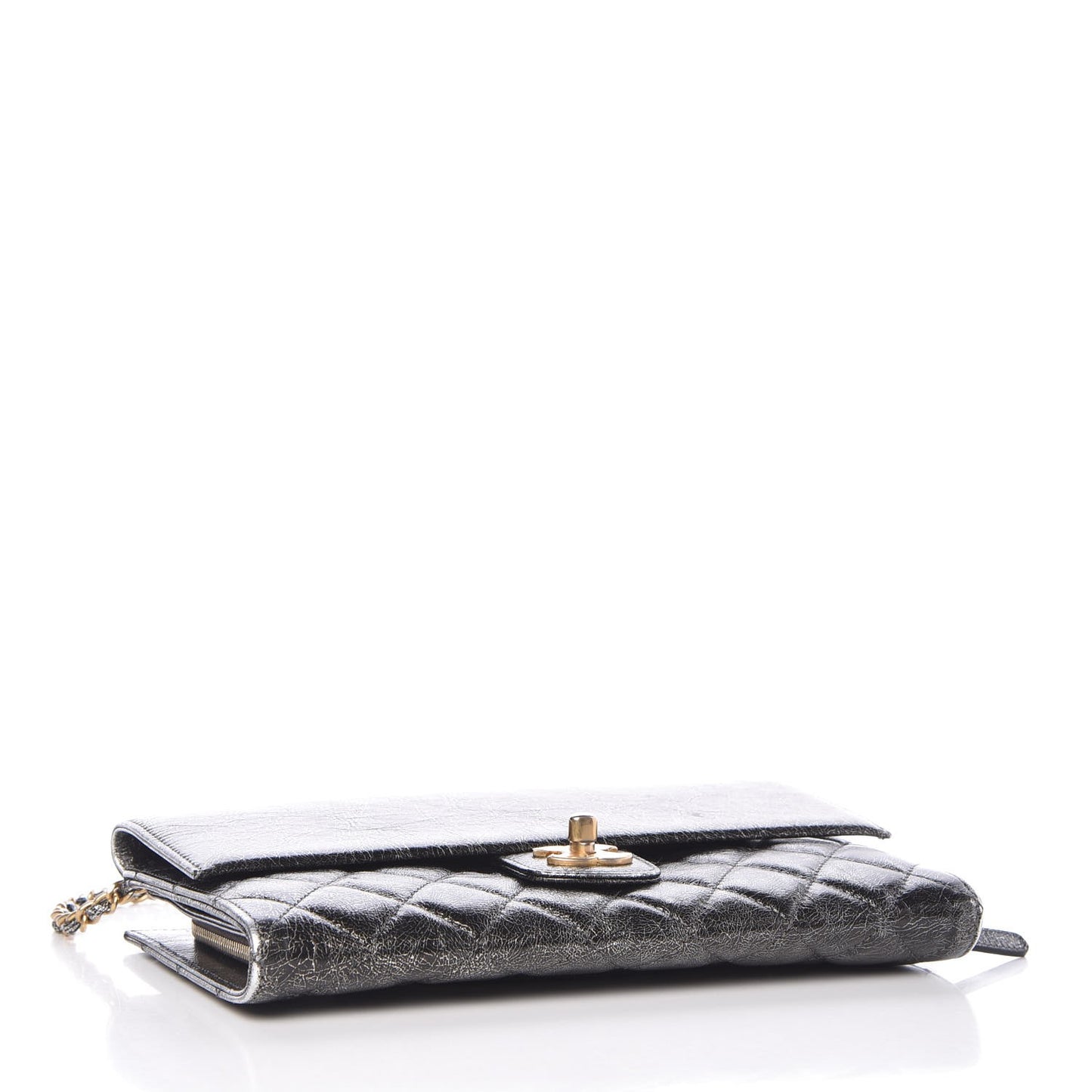 Cracked Metallic Calfskin Quilted Zip Away Chain Clutch Dark Silver