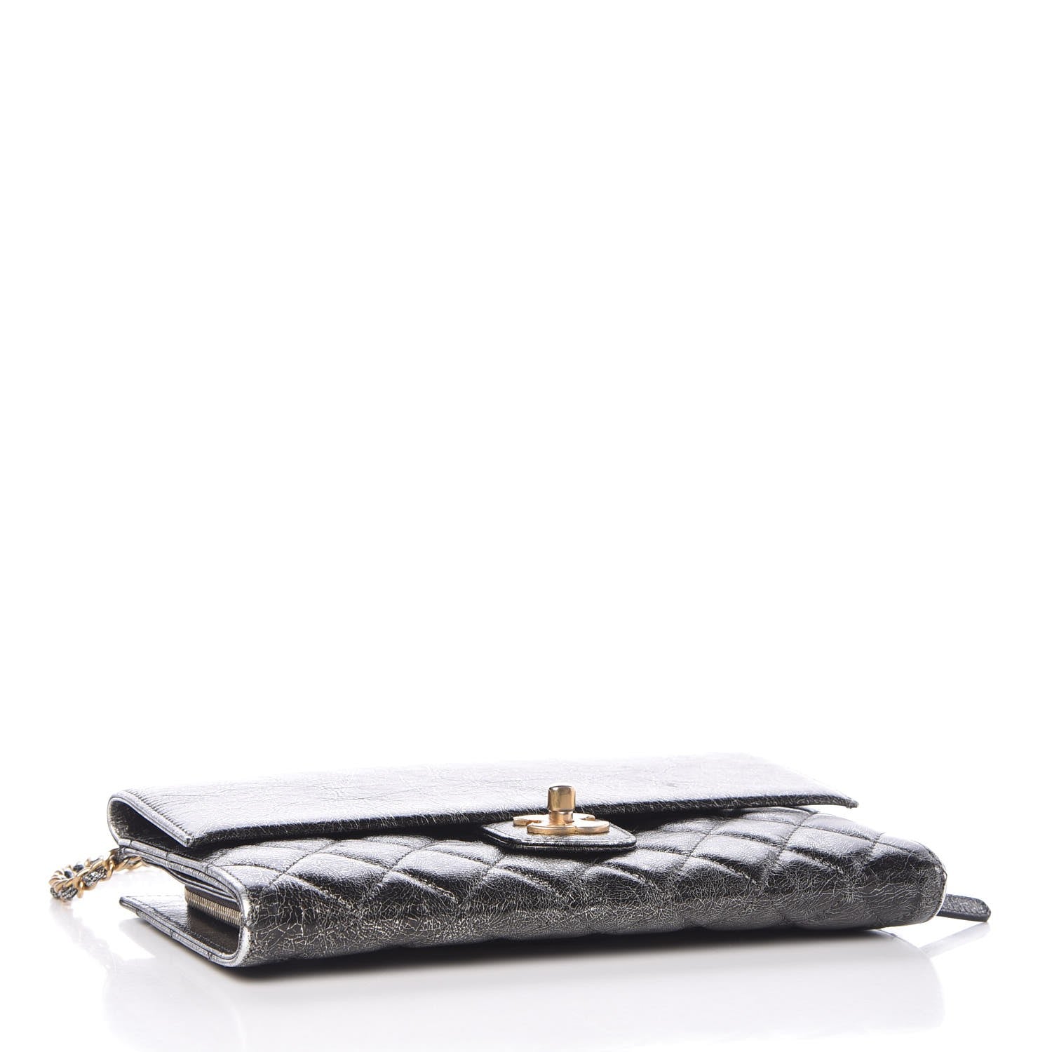 Chanel Cracked Metallic Calfskin Quilted Zip Away Chain Clutch Dark Silver 4 of 8