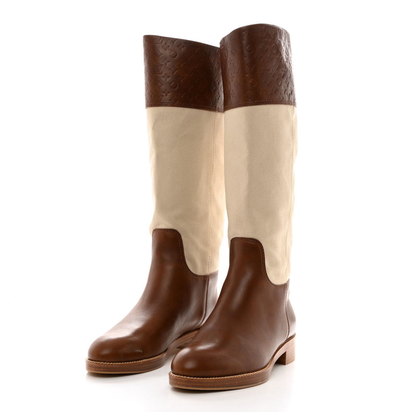 Canvas Calfskin Embossed Monogram Flat Seine Boots 37.5