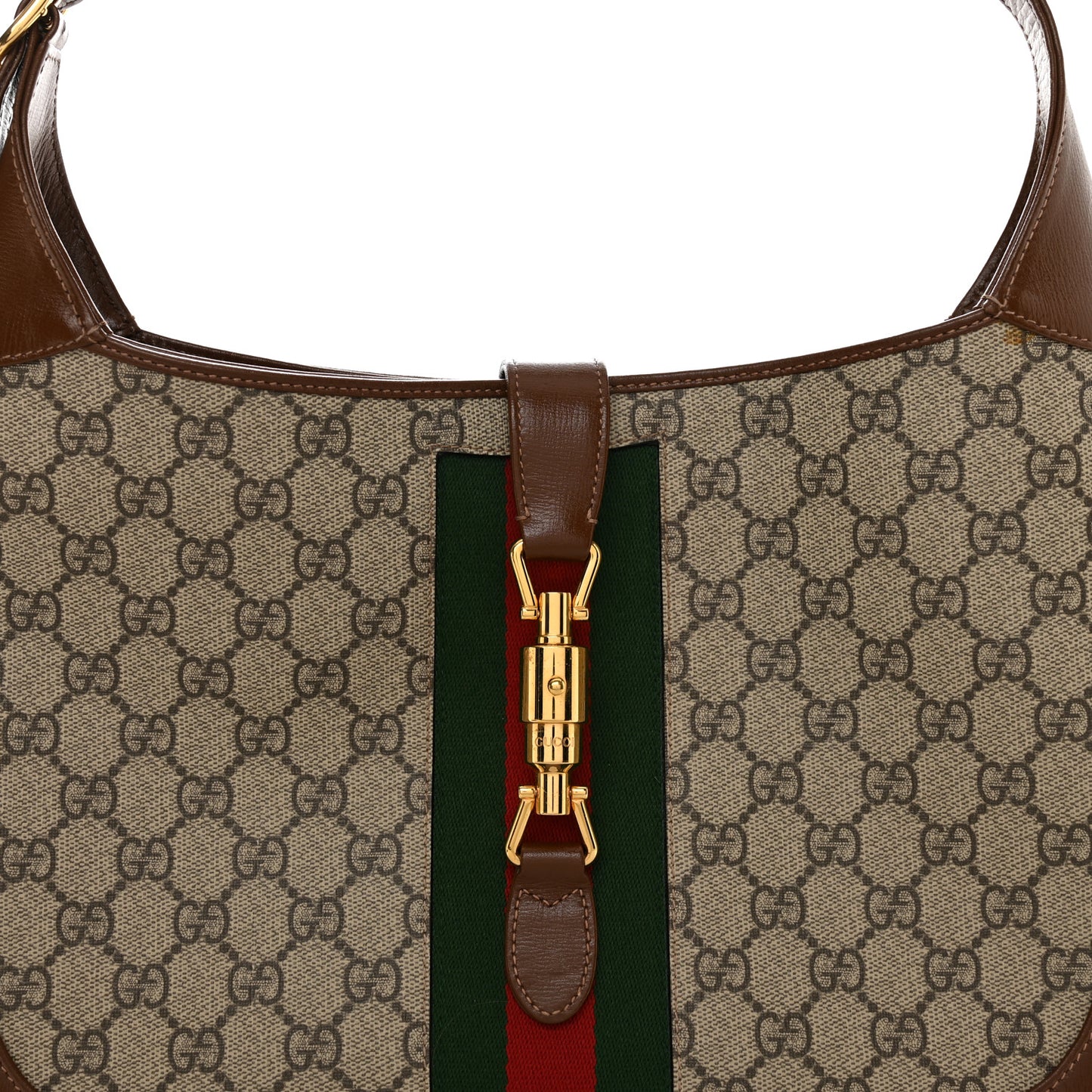 GG Supreme Monogram Azalea Calfskin Web Medium Jackie 1961 Hobo Beige Ebony Brown Sugar