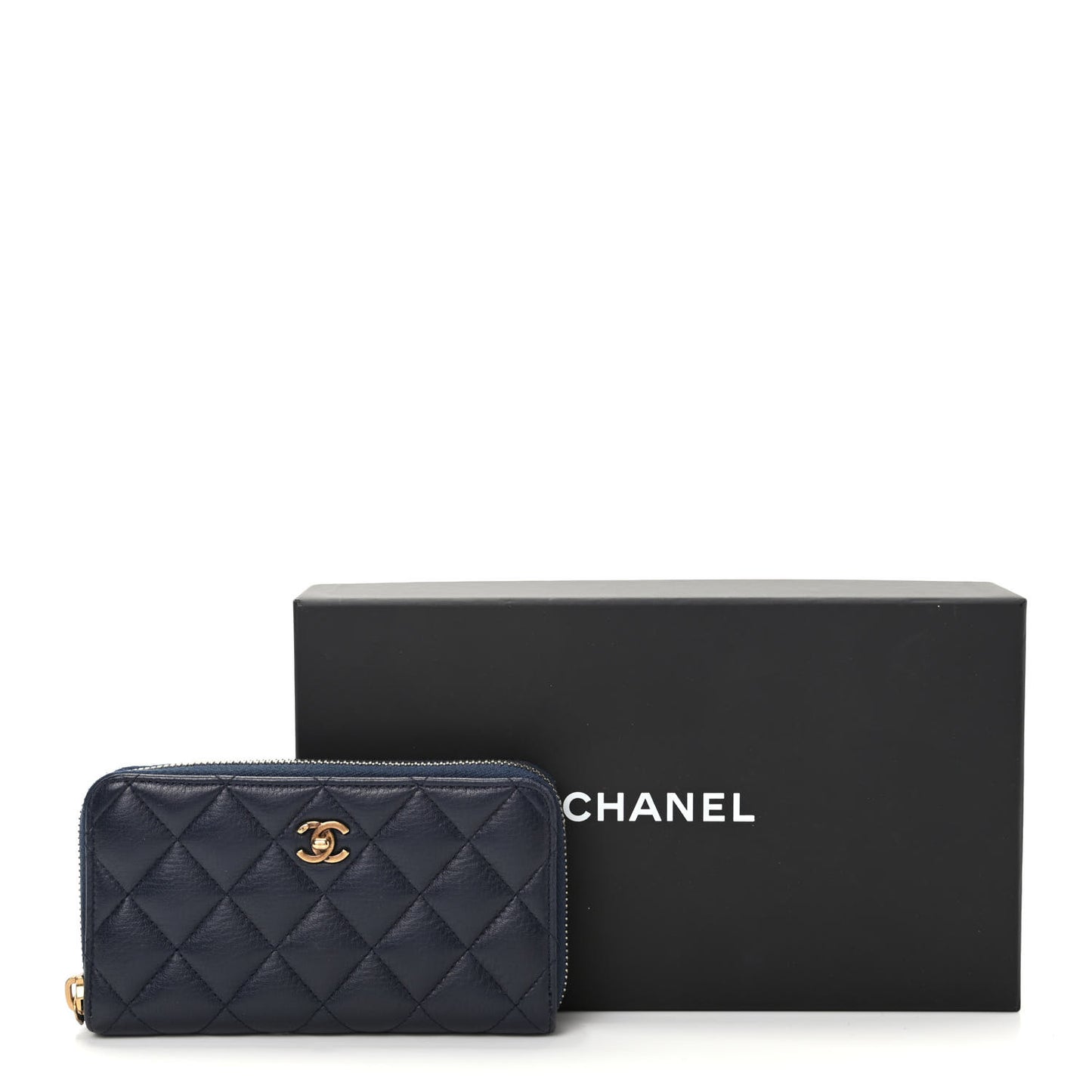 Calfskin Quilted Small Zip Around Wallet Navy