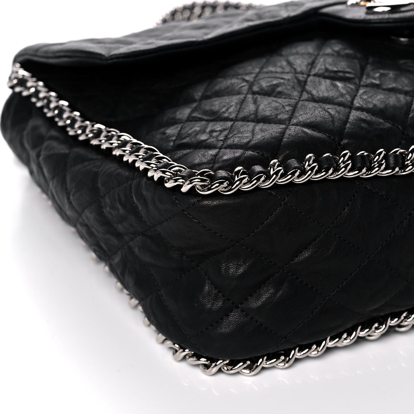 Washed Lambskin Quilted Maxi Chain Around Flap Black