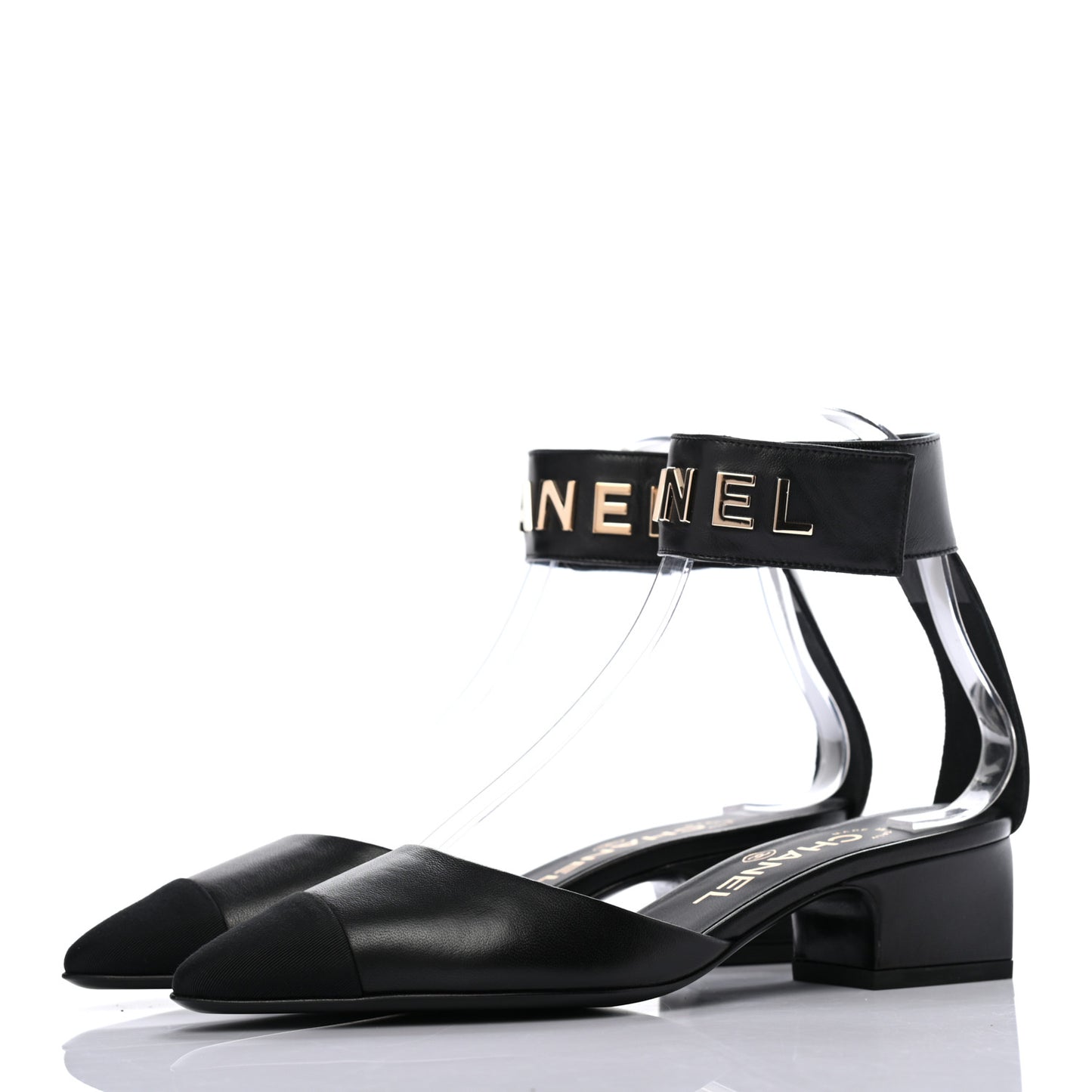 Lambskin Grosgrain Cap Toe Logo Ankle Strap Pumps 35.5 Black