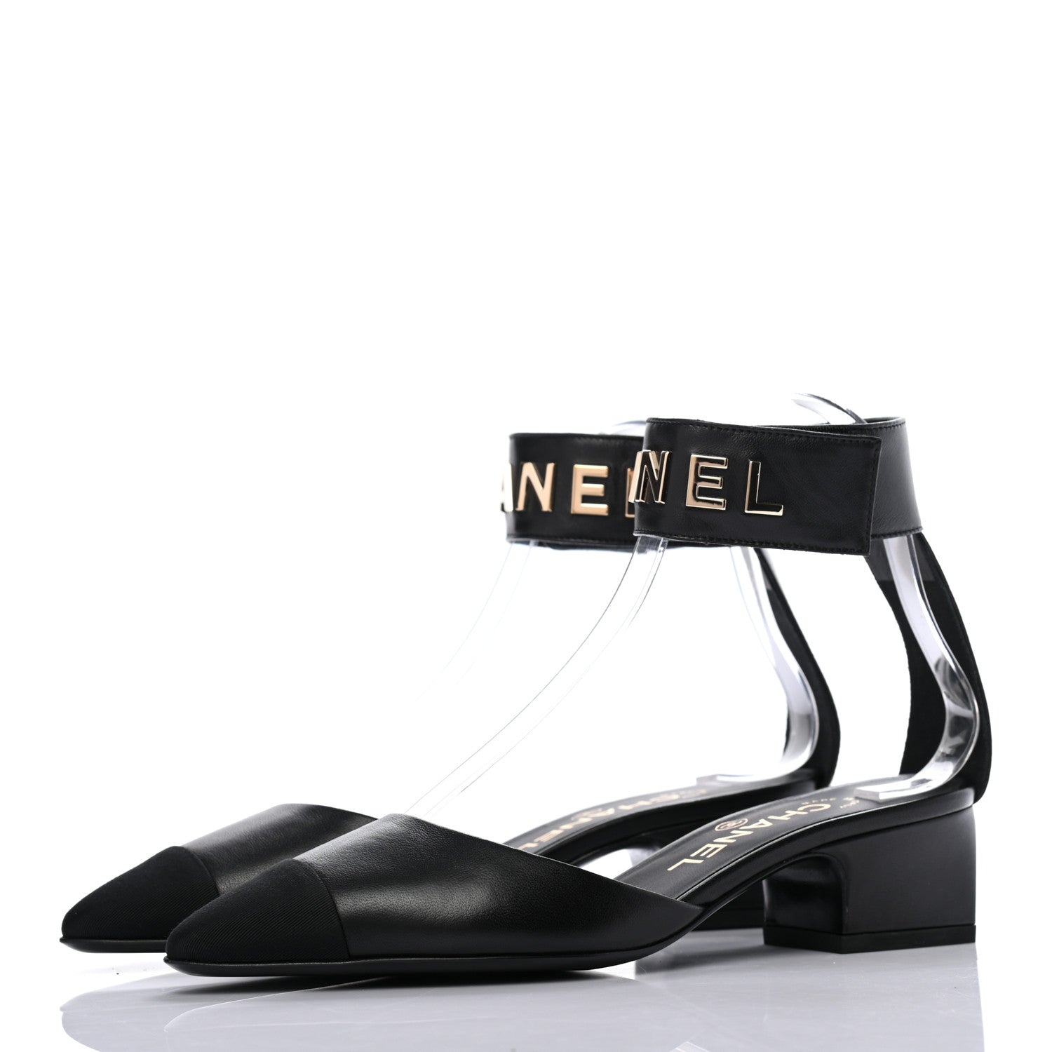Chanel Lambskin Grosgrain Cap Toe Logo Ankle Strap Pumps 35.5 Black 3 of 8