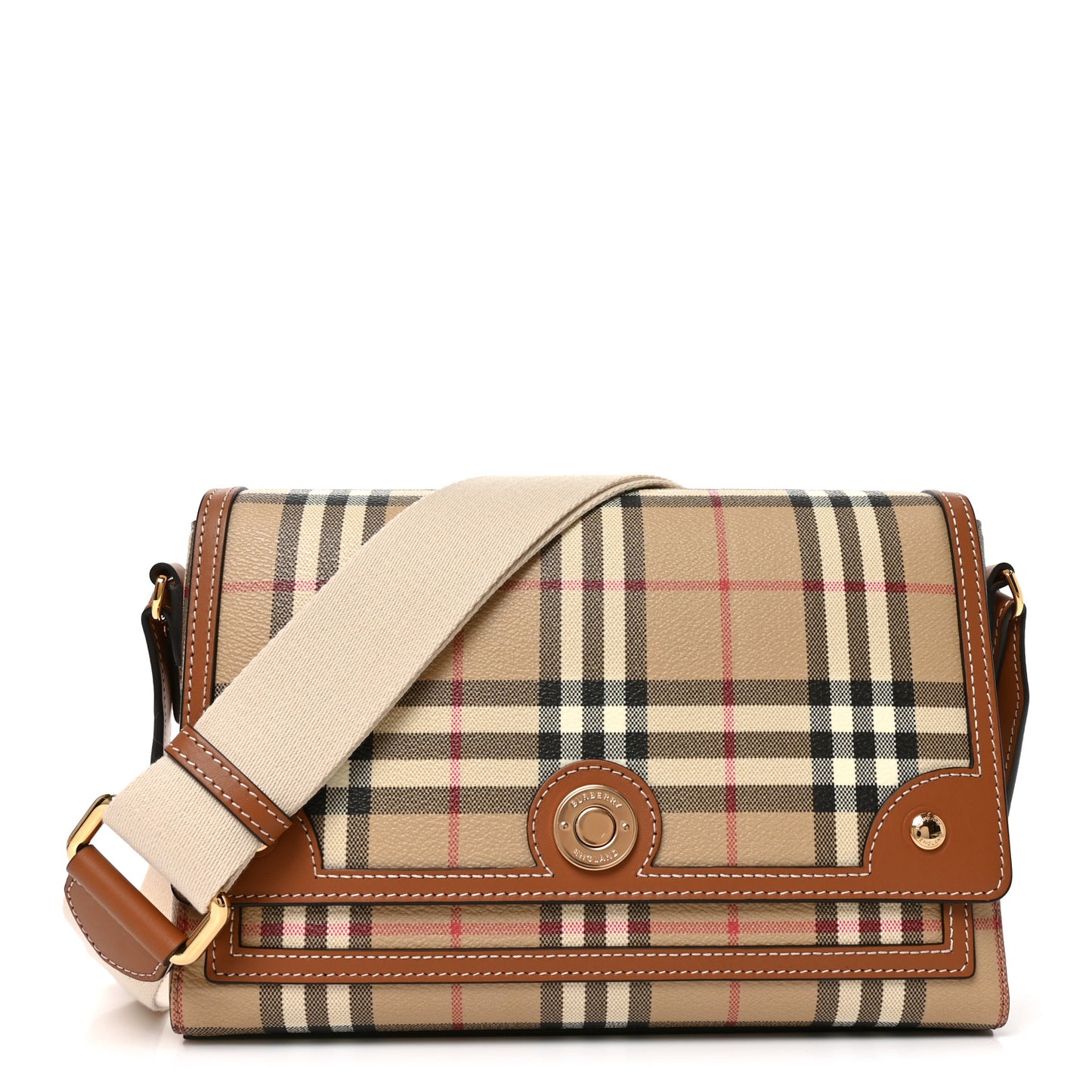 Coated Canvas Calfskin Vintage Check Medium Note Crossbody Bag Briar Brown