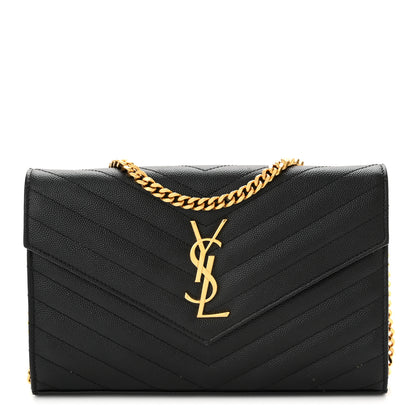 Saint Laurent Grain De Poudre Matelasse Chevron Monogram Chain Wallet Black 1 of 10
