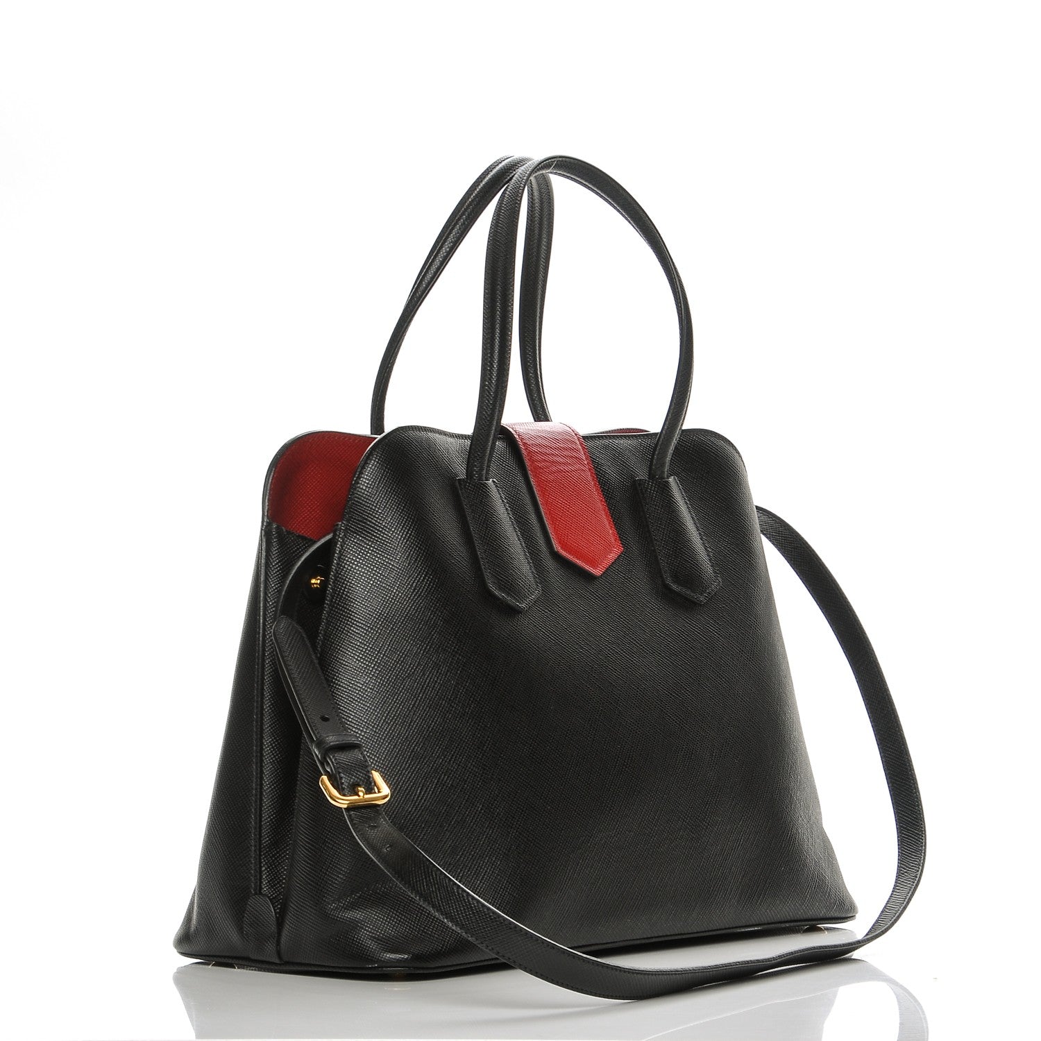 Prada Saffiano Cuir Bi-Color Double Handle Tote Black Fuoco 3 of 8