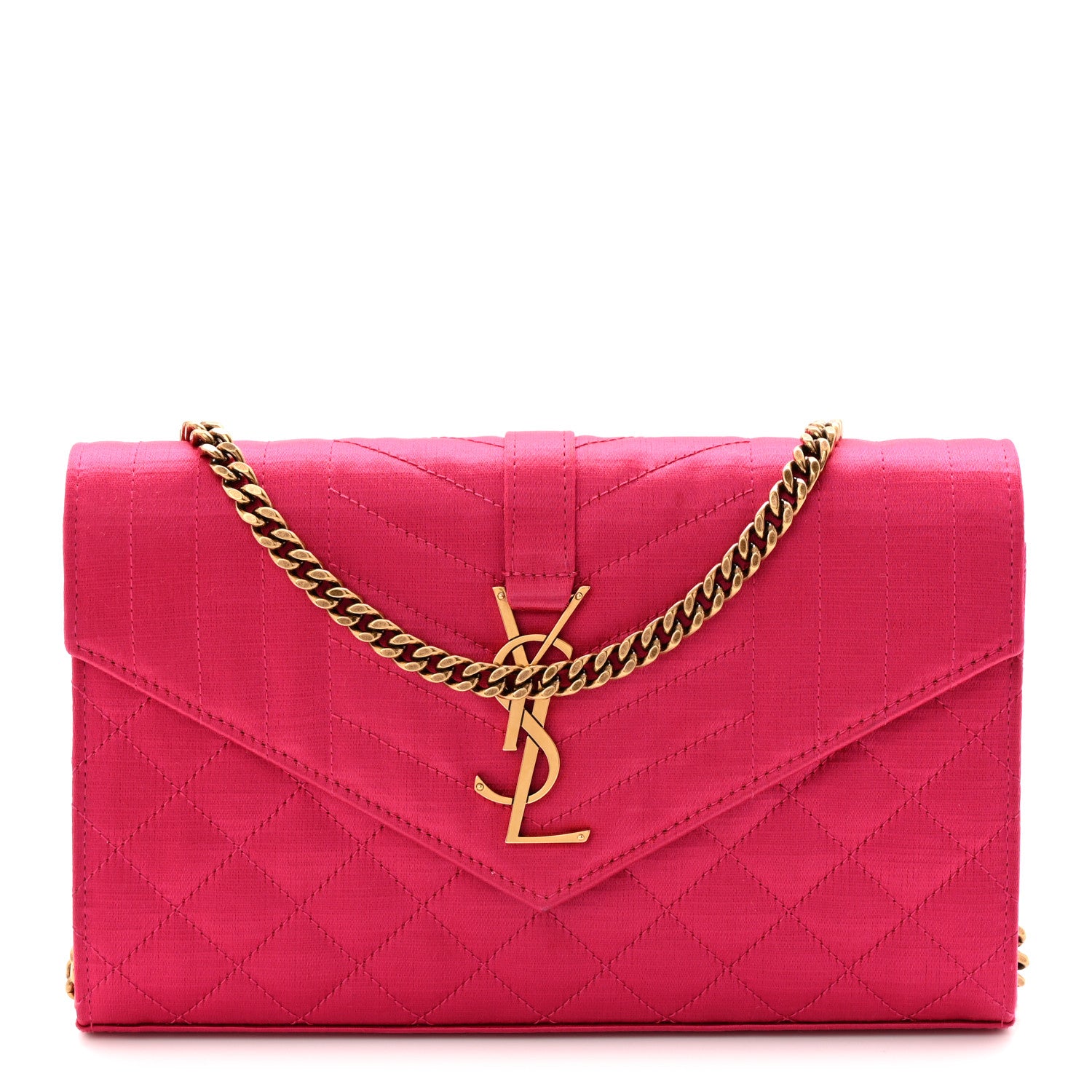Saint Laurent Satin Mixed Matelasse Triquilt Monogram Chain Wallet Guava 1 of 10