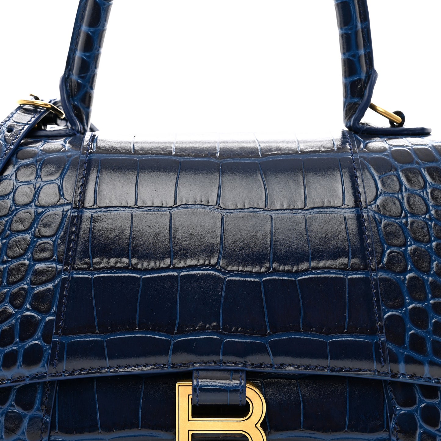 Shiny Calfskin Crocodile Embossed Small Hourglass Top Handle Bag Navy
