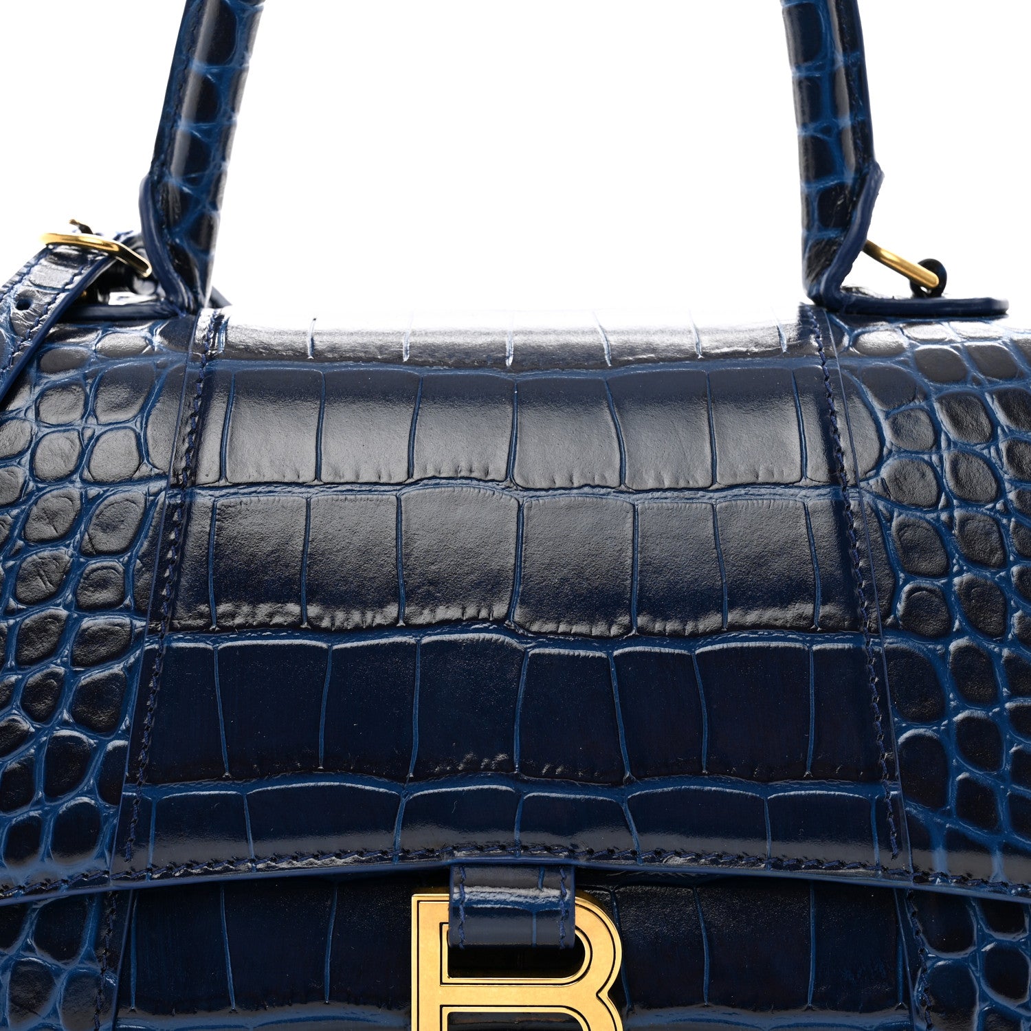 Balenciaga Shiny Calfskin Crocodile Embossed Small Hourglass Top Handle Bag Navy 7 of 12