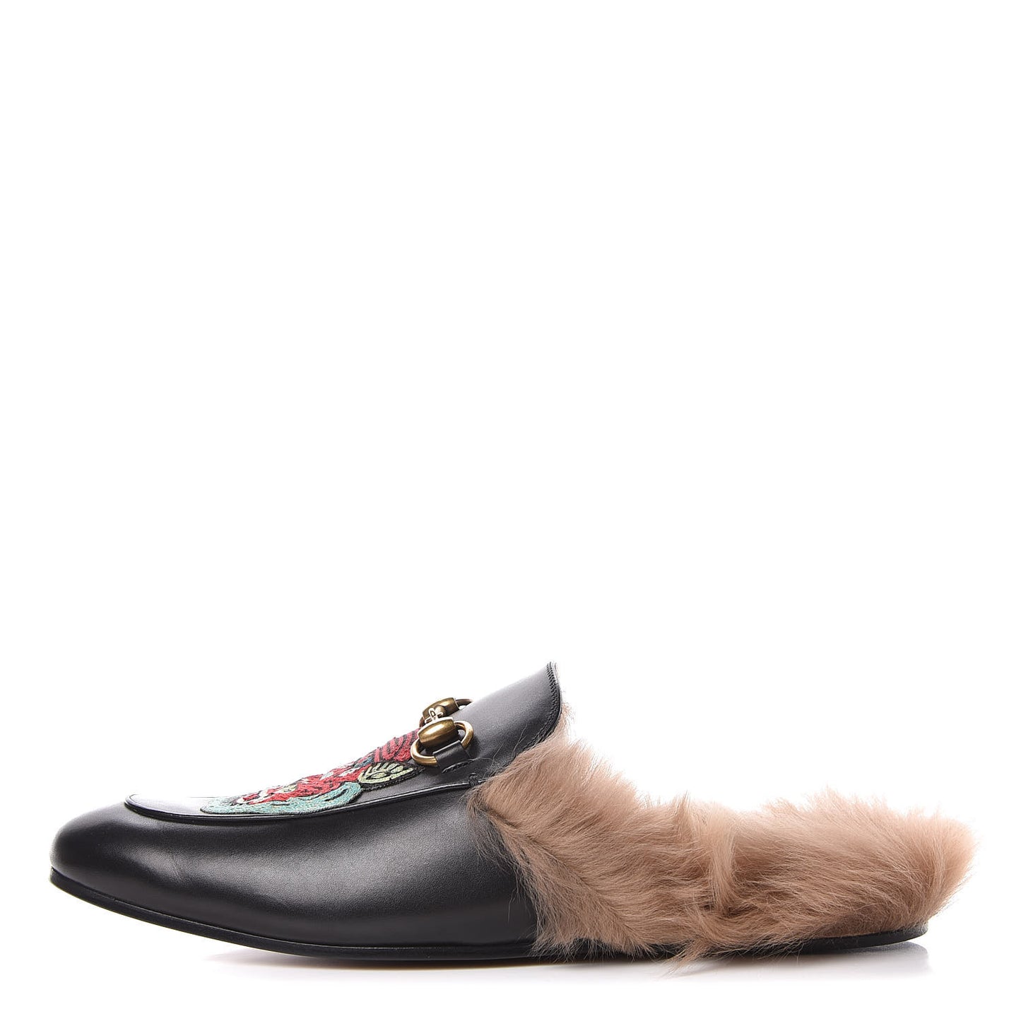 Calfskin Fur Dragon UFO Embroidered Mens Princetown Slippers 9 Black