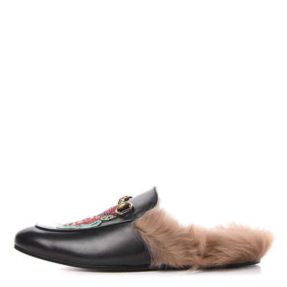 Gucci Calfskin Fur Dragon UFO Embroidered Mens Princetown Slippers 9 Black 1 of 10