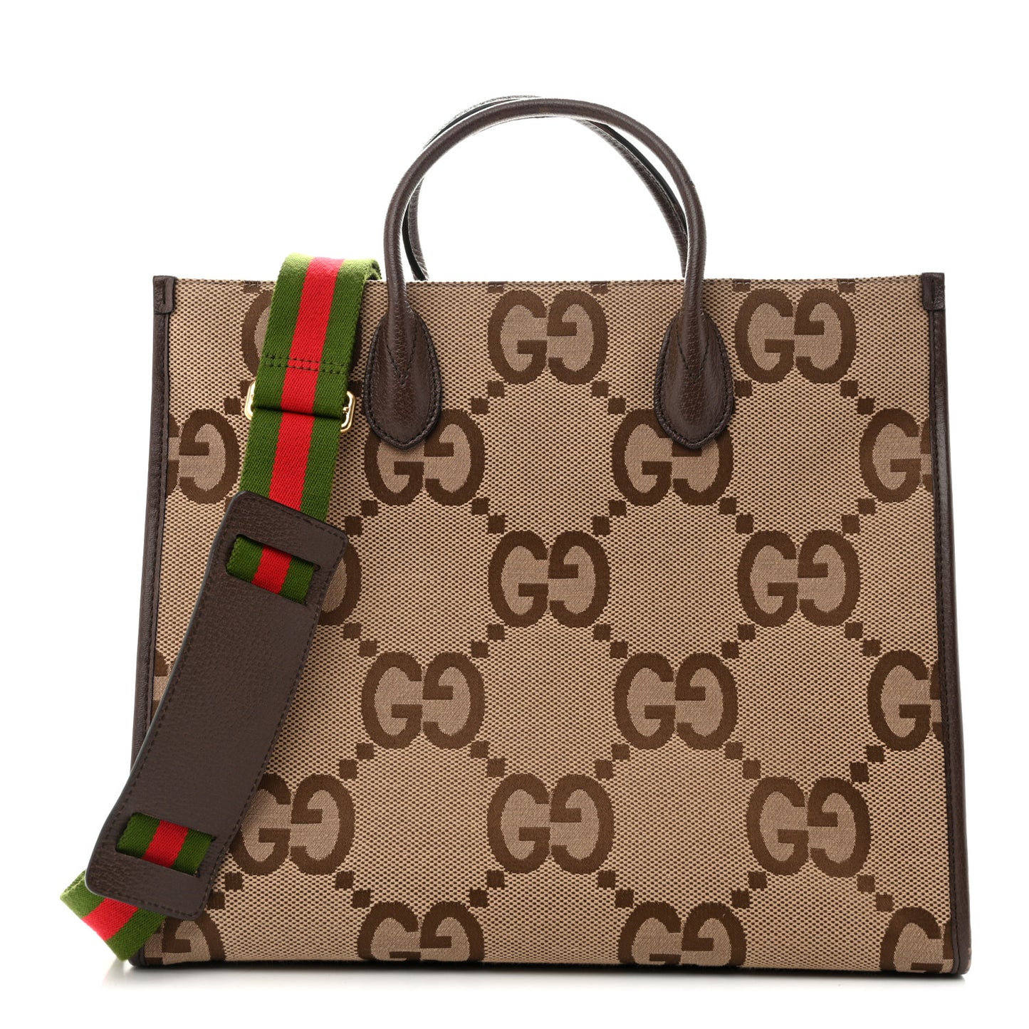 Monogram Jumbo GG Textured Dollar Calfskin Web Tote Bag Camel Ebony New Acero