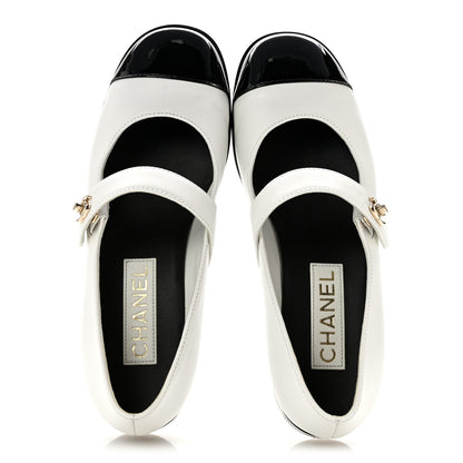 Chanel Calfskin Patent Mary Janes Flats 37.5 White Black 2 of 11