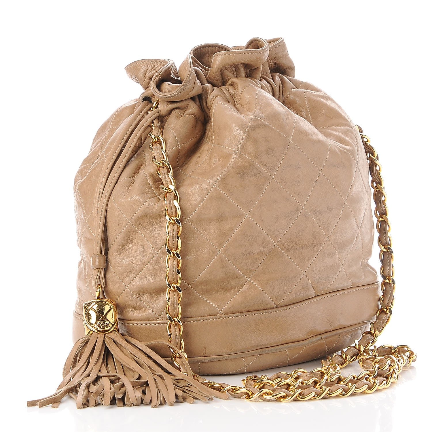 Chanel Lambskin Quilted Tassel Drawstring Pouch Beige 3 of 9
