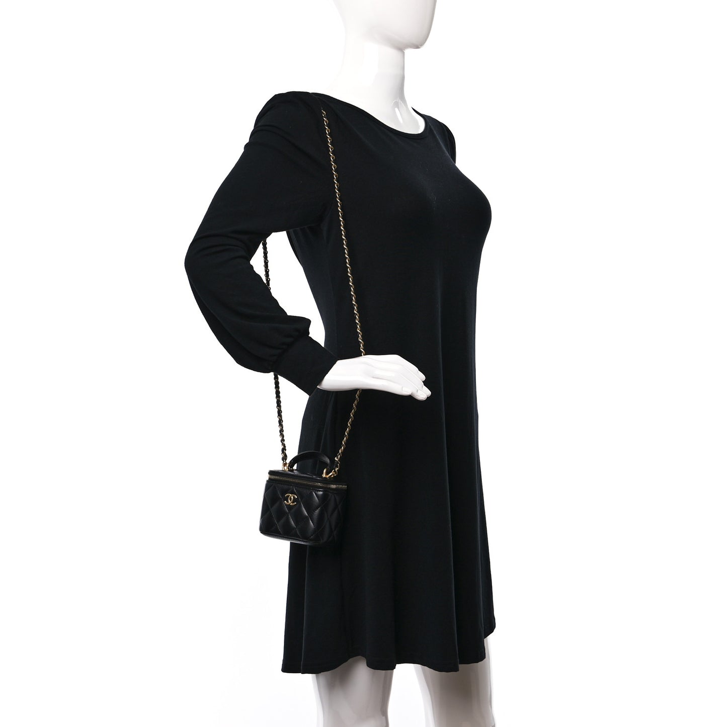 Lambskin Quilted Top Handle Mini Vanity Case With Chain Black
